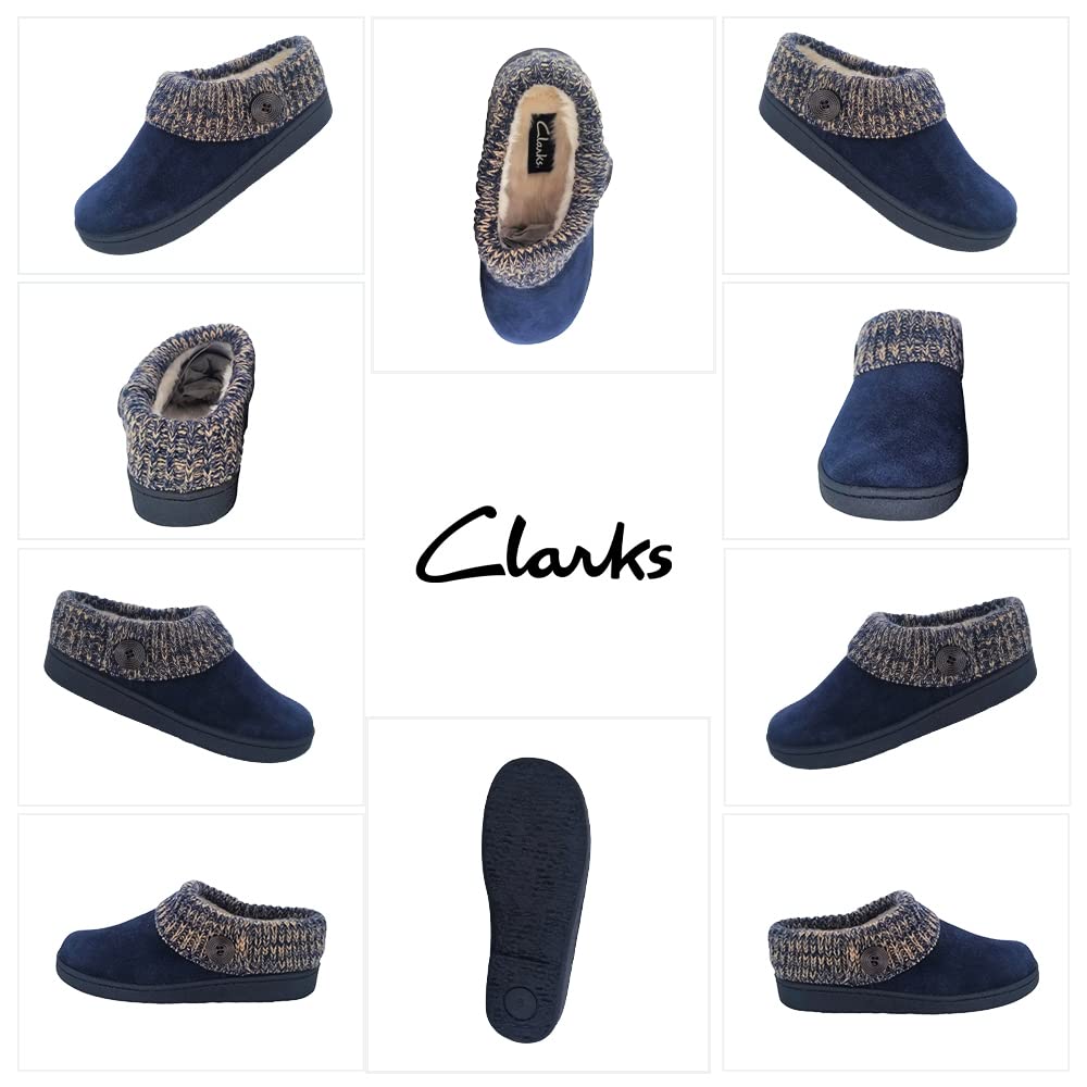 Clarks Women's Suede Leather Comfort Clog Knitted Collar Slippers - Plush Faux Fur Trim - Indoor & Outdoor House Shoes for Women - Navy/Beige Size 9M - Cozy Home, Office & Travel Footwear