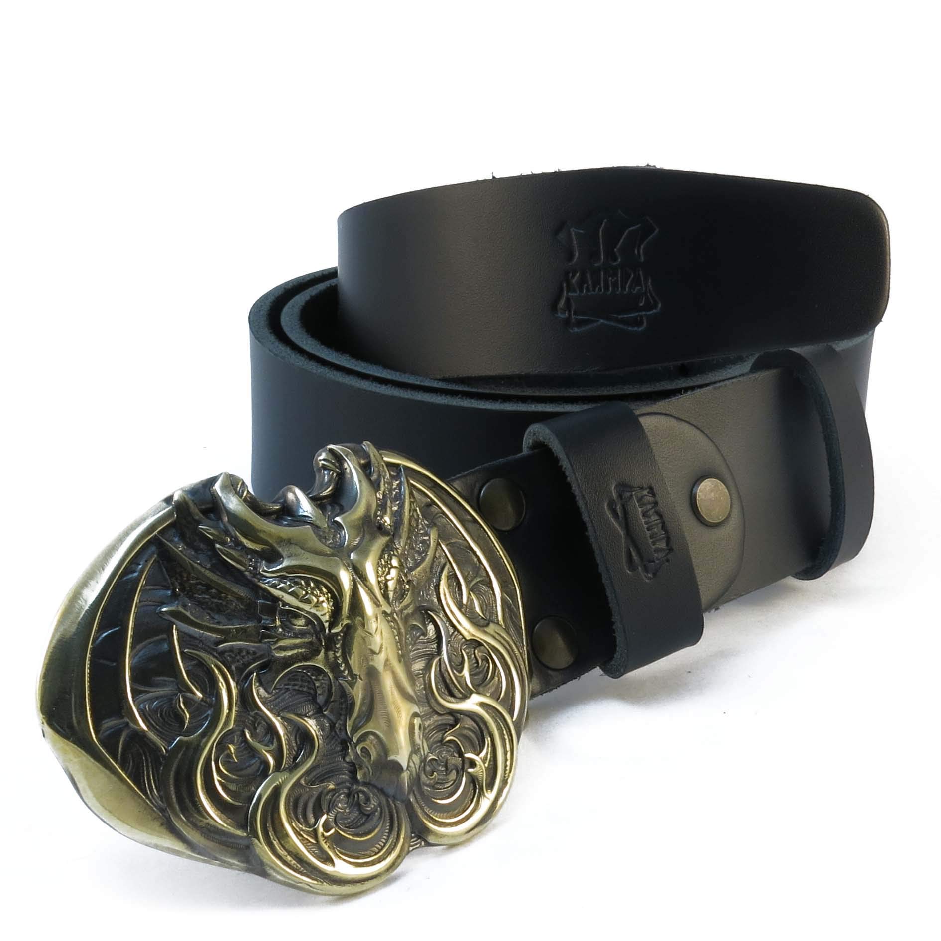 Handmade Scandinavian Leather Belt with Norse Mythology Fafnir Dragon Solid Brass Buckle - Viking Style Accessory for Men's Fashion & Medieval Costume