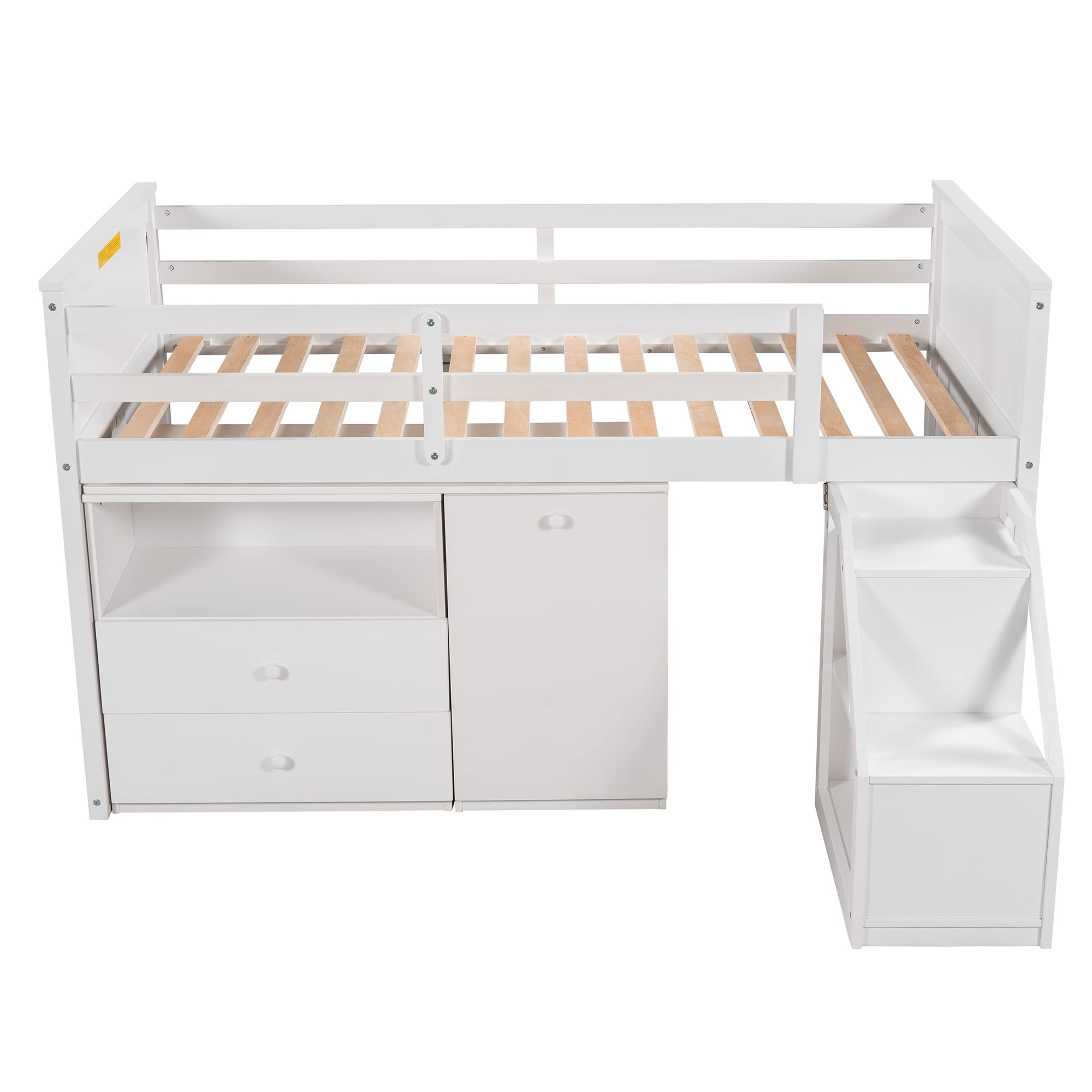 SOFTSEA Twin Loft Bed with Built-in Desk, Storage Cabinet & Stairs - Space-Saving Kids Low Bunk Bed (White) - Perfect for Small Bedrooms, Dorms & Playrooms