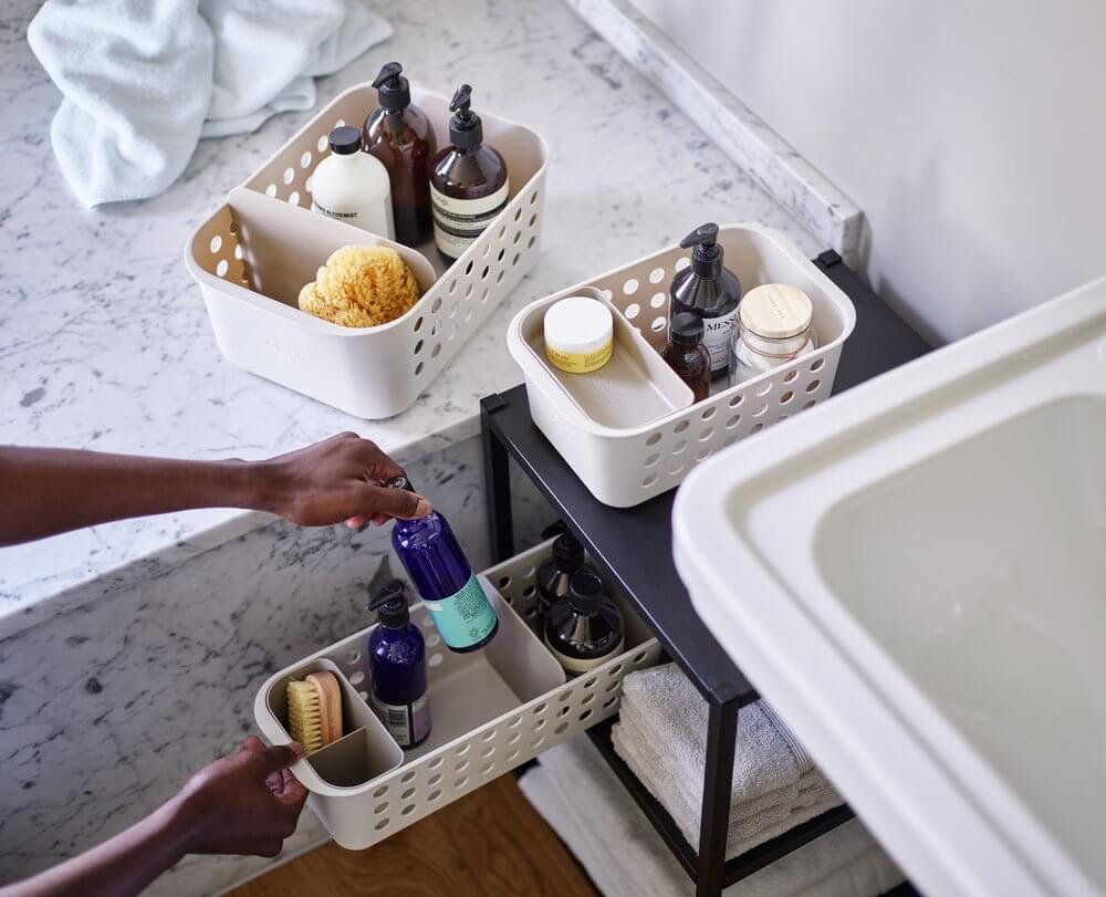 Joseph Joseph EasyStore Small Bathroom Storage Basket - Water-Resistant Organizer for Toiletries, Cosmetics & Essentials | Perfect for Bathroom Shelves, Vanity Countertops & Shower Organization (Ecru)
