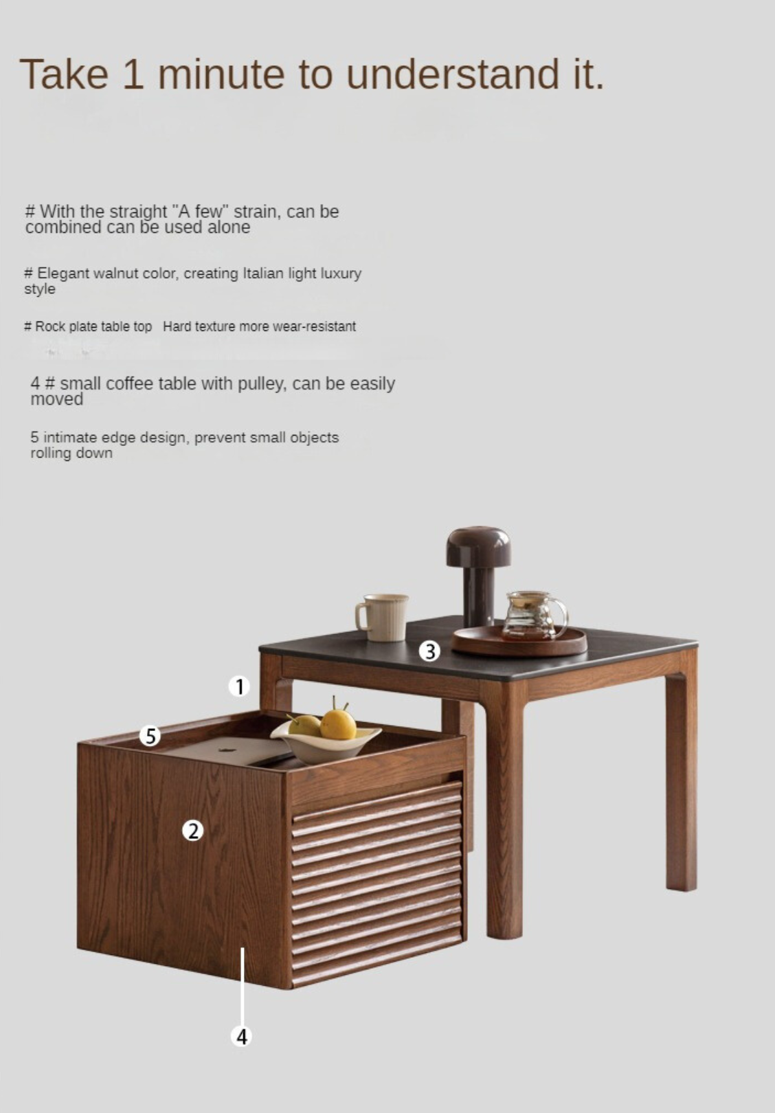 Solid Oak and Black Walnut Wood Rocking Coffee Table - Rustic Movable Side Table for Living Room, Patio, or Outdoor Use