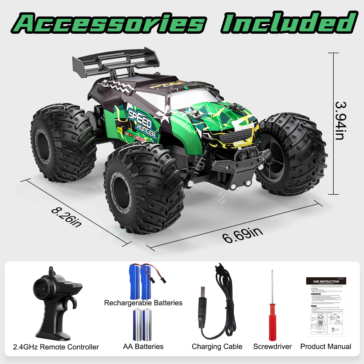 2WD All Terrain RC Monster Truck - 20Km/h Fast Remote Control Car with 2 Rechargeable Batteries & LED Lights | Off-Road Hobby Vehicle for Boys & Kids | Perfect for Outdoor Play, Backyard Racing & Birthday Gifts