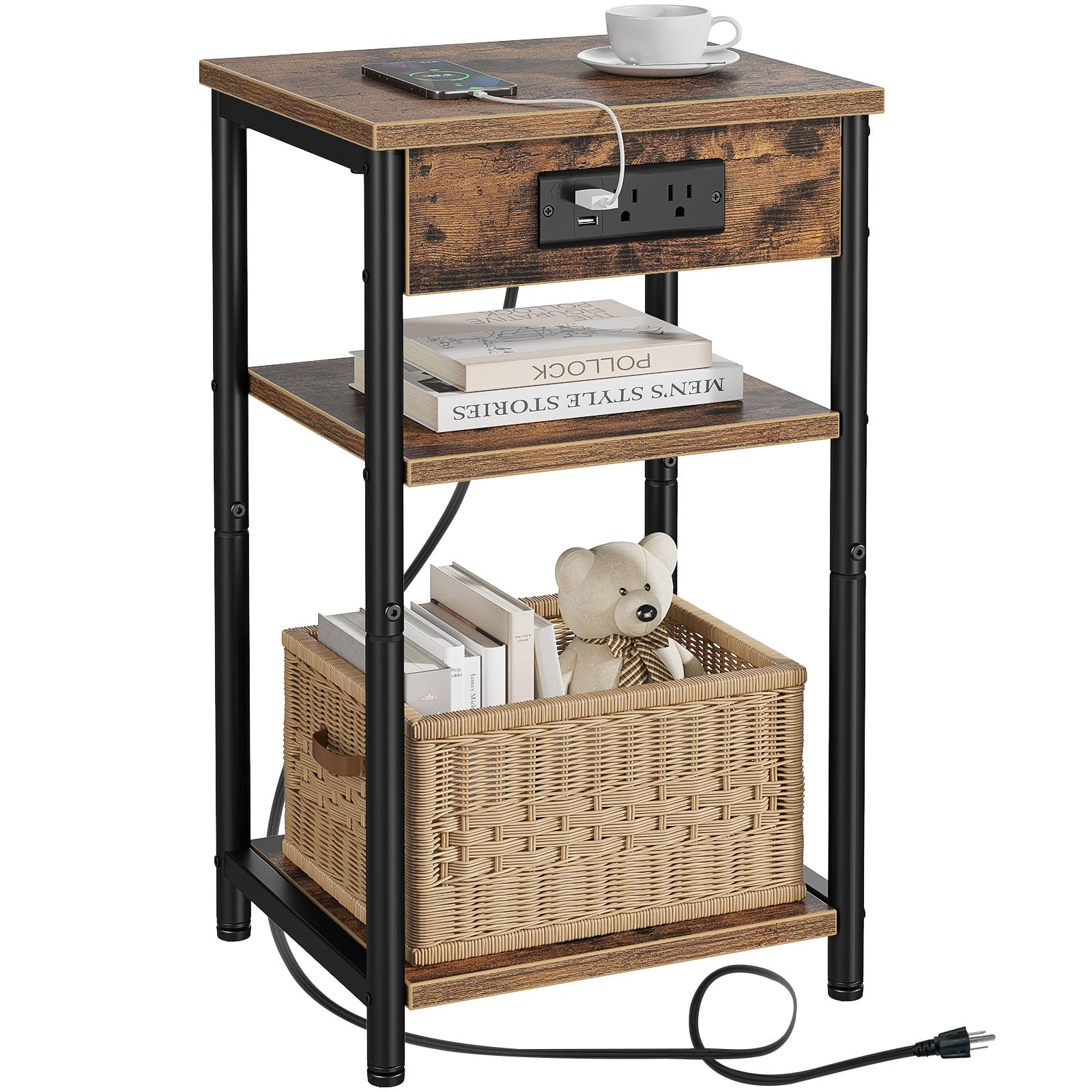 Rolanstar Small End Table with USB Charging Station & 3 Storage Shelves - Narrow Nightstand for Bedroom, Living Room - Rustic Brown Side Table Perfect for Small Spaces | Ideal for Charging Devices & Organizing Essentials