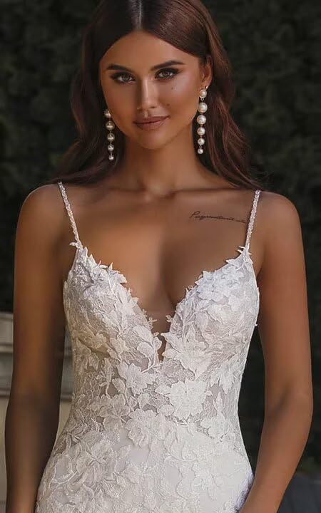 Elegant Lace Applique Mermaid Wedding Dress for Bride - Spaghetti Straps V-Neck Long Bridal Gown 2025 | Perfect for Beach, Church, and Formal Wedding Ceremonies
