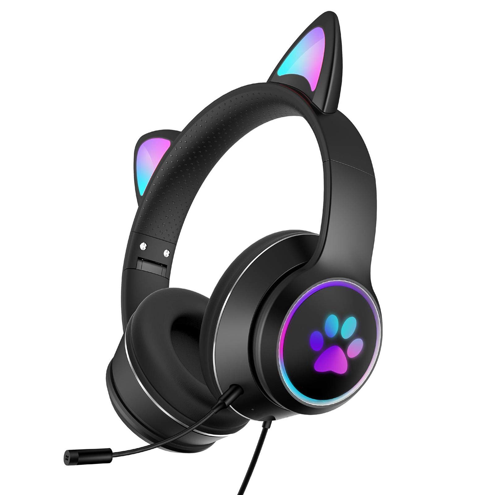 RGB LED Cat Ear Gaming Headset with Microphone - Stereo Sound Over-Ear Headphones for PC, PS4, Xbox - Glowing Light Headset for Kids & Adults - Perfect for Gaming, Streaming & Online Classes