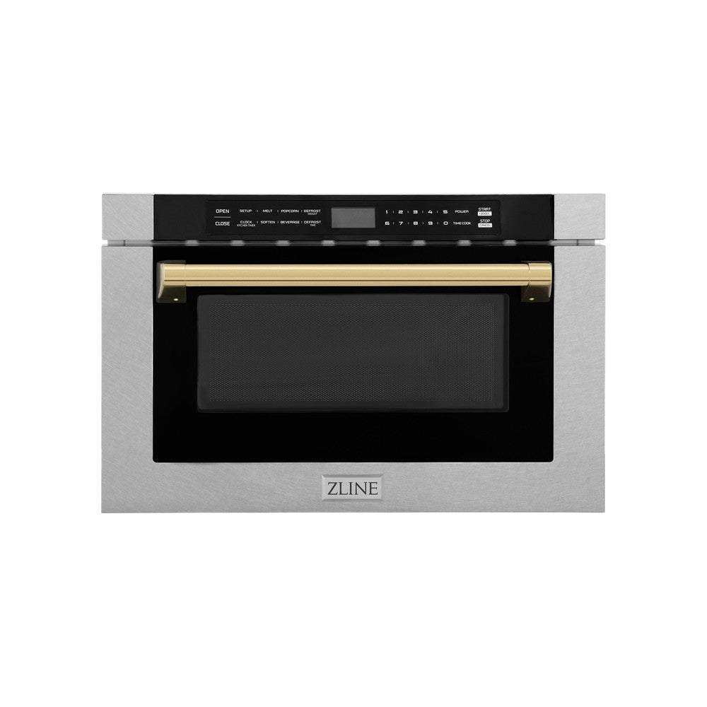 ZLINE Autograph Edition 24-inch Built-in Microwave Drawer - 1.2 cu.ft Capacity, Satin Stainless Steel with Polished Gold Accents, Traditional Handle (MWDZ 1 SS H G) - Perfect for Modern Kitchens, Luxury Homes & High-End Appliances