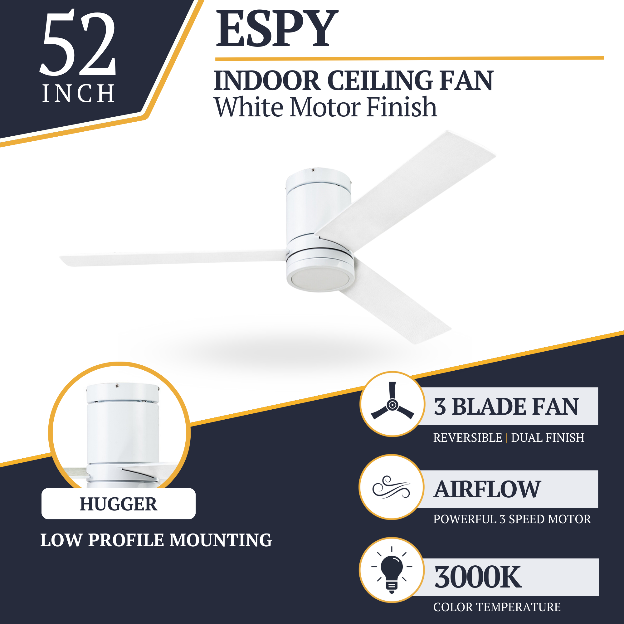 52 Inch White Espy Remote Control Ceiling Fan with Light Kit - Quiet Reversible Motor for Bedroom, Living Room, and Office