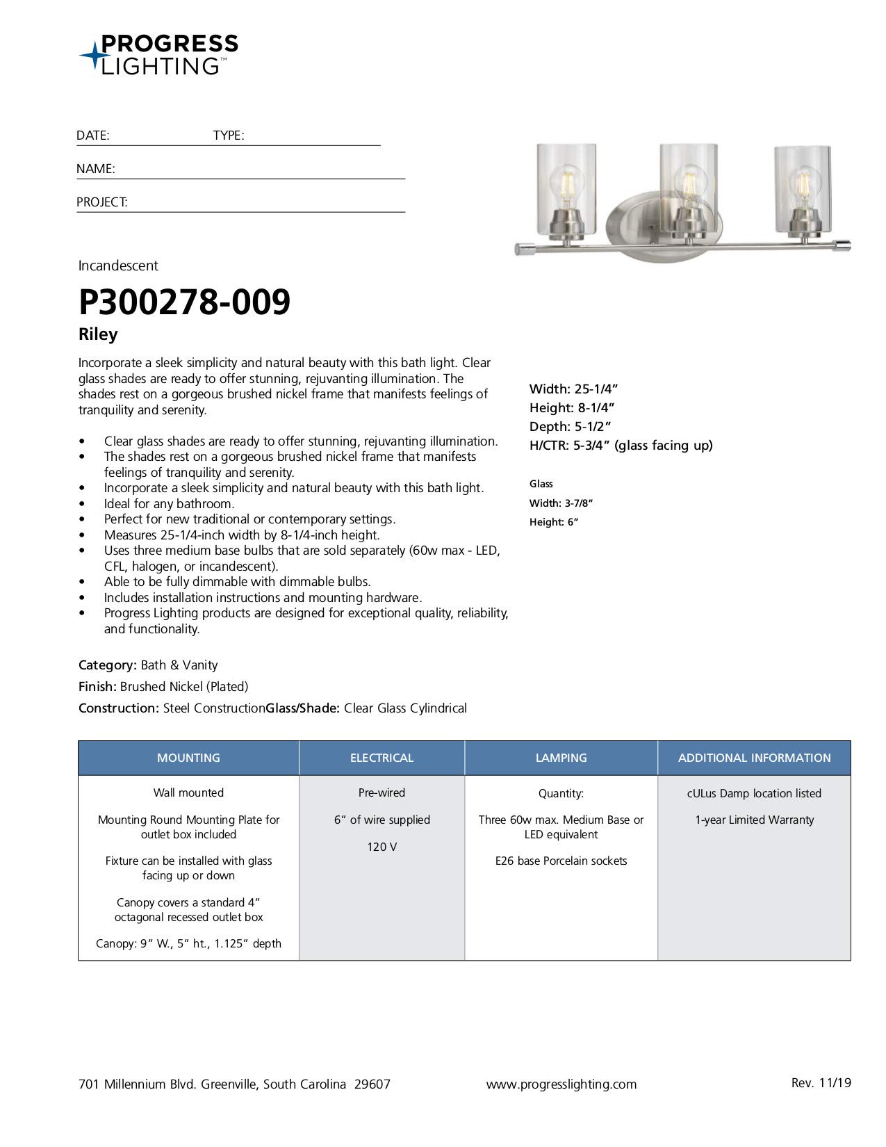 Progress Lighting Riley Collection 3-Light Modern Bathroom Vanity Light - Brushed Nickel Finish, Clear Glass Shades - Perfect for Contemporary Bathrooms & Powder Rooms
