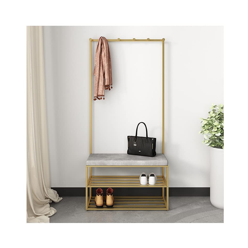 Industrial Coat Rack Shoe Bench with 2-Tier Storage Shelves | 3-in-1 Entryway Hall Tree Organizer for Shoes, Coats & Accessories | Gold Finish (60x30x165cm) | Perfect for Hallway, Bedroom, Dorm & Small Space Organization