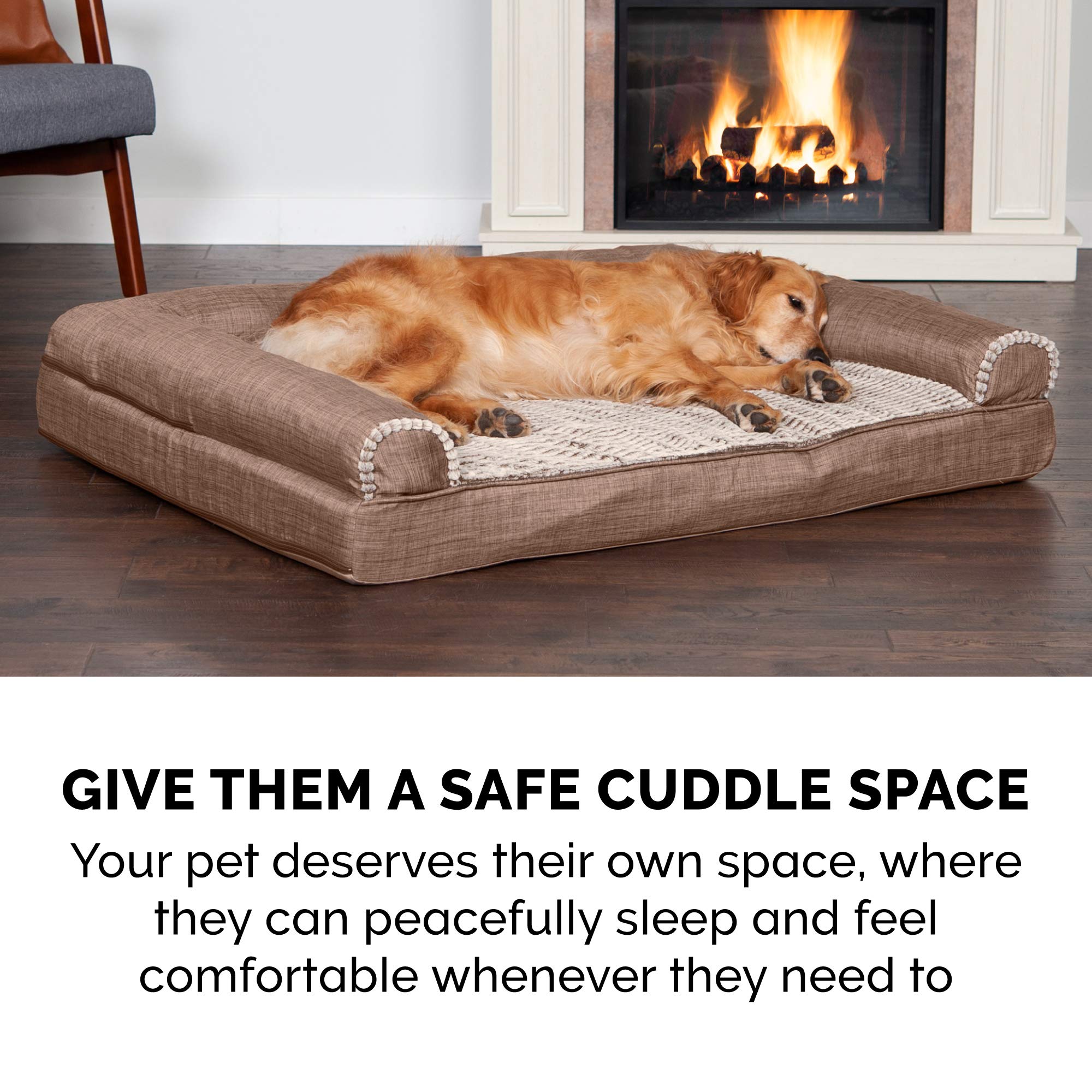 **Furhaven Orthopedic Dog Bed for Large Dogs - XXL Washable Sofa Bed with Removable Bolsters & Luxe Faux Fur Cover - Supports Up to 125 lbs - Woodsmoke Color - Perfect for Living Room, Bedroom & Pet-Friendly Spaces**