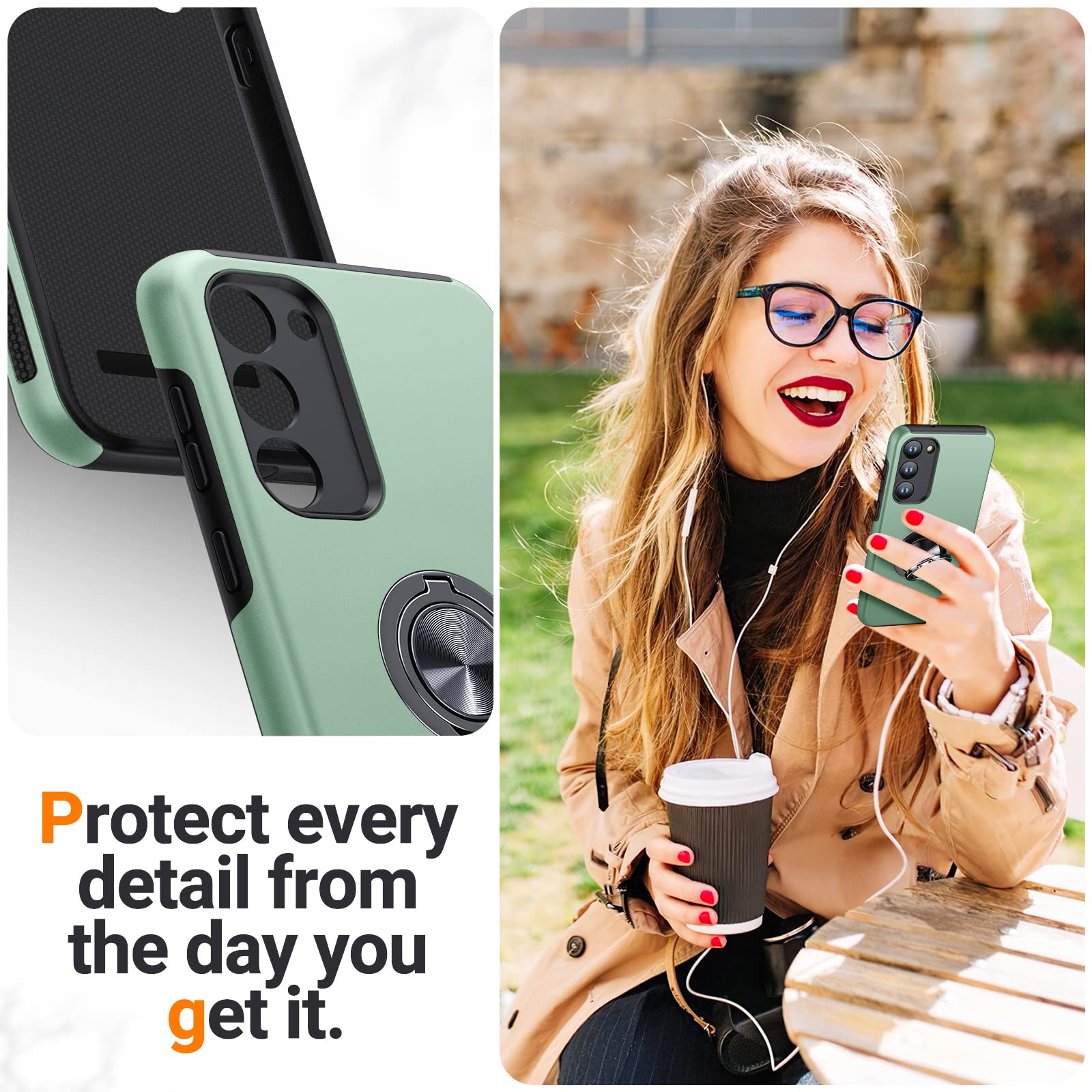 Military Grade Shockproof Samsung Galaxy S23 5G Case with Ring Holder - Light Green Protective Cover for 6.1 Inch S23 | Perfect for Outdoor Activities, Travel & Daily Use
