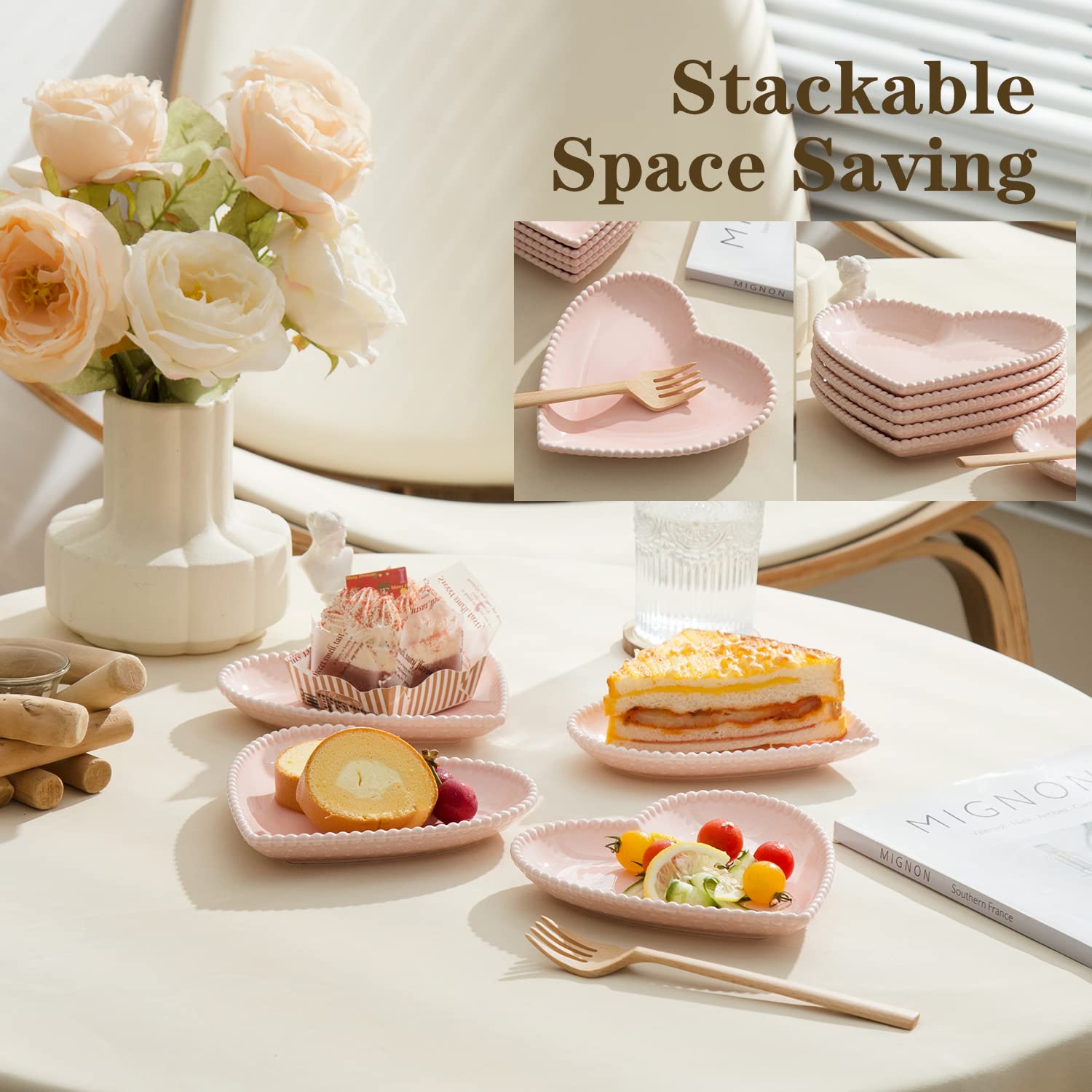 6.3 Inch Heart-Shaped Porcelain Appetizer Plates Set of 10 - Microwave & Dishwasher Safe Small Dinner Plates for Dessert, Salad, Cake, Snack, Ice Cream & Waffles - Perfect for Valentine's Day, Bridal Showers, Tea Parties & Romantic Dinners