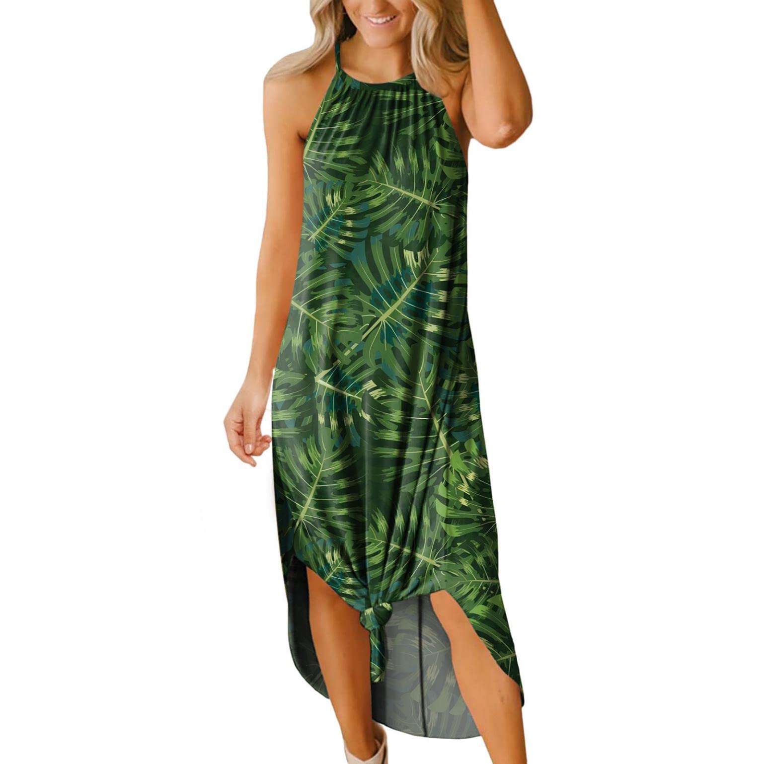 Women's Summer Maxi Dresses 2023 - Casual Sleeveless Beach Dress with Cross Round Neck & Side Slit | Perfect for Vacation, Pool Party & Tropical Getaways