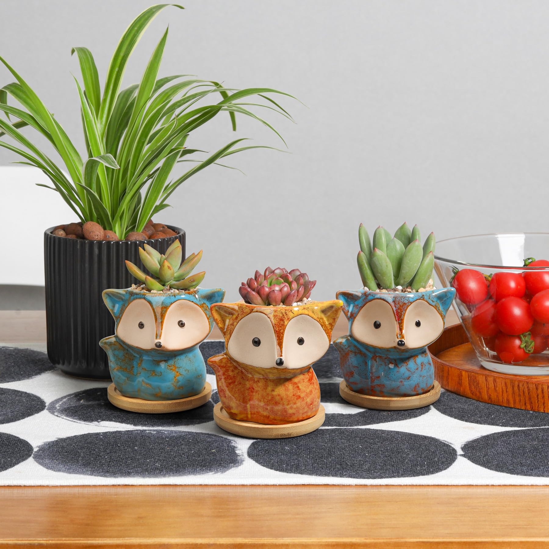Fox Shaped Ceramic Succulent Planter Pot Set of 3 with Bamboo Tray - Cute Cactus Plant Pots for Home, Office Desk Decor - Birthday & Wedding Gift Idea - Transmutation Glaze Design for Indoor Plants & Succulent Lovers