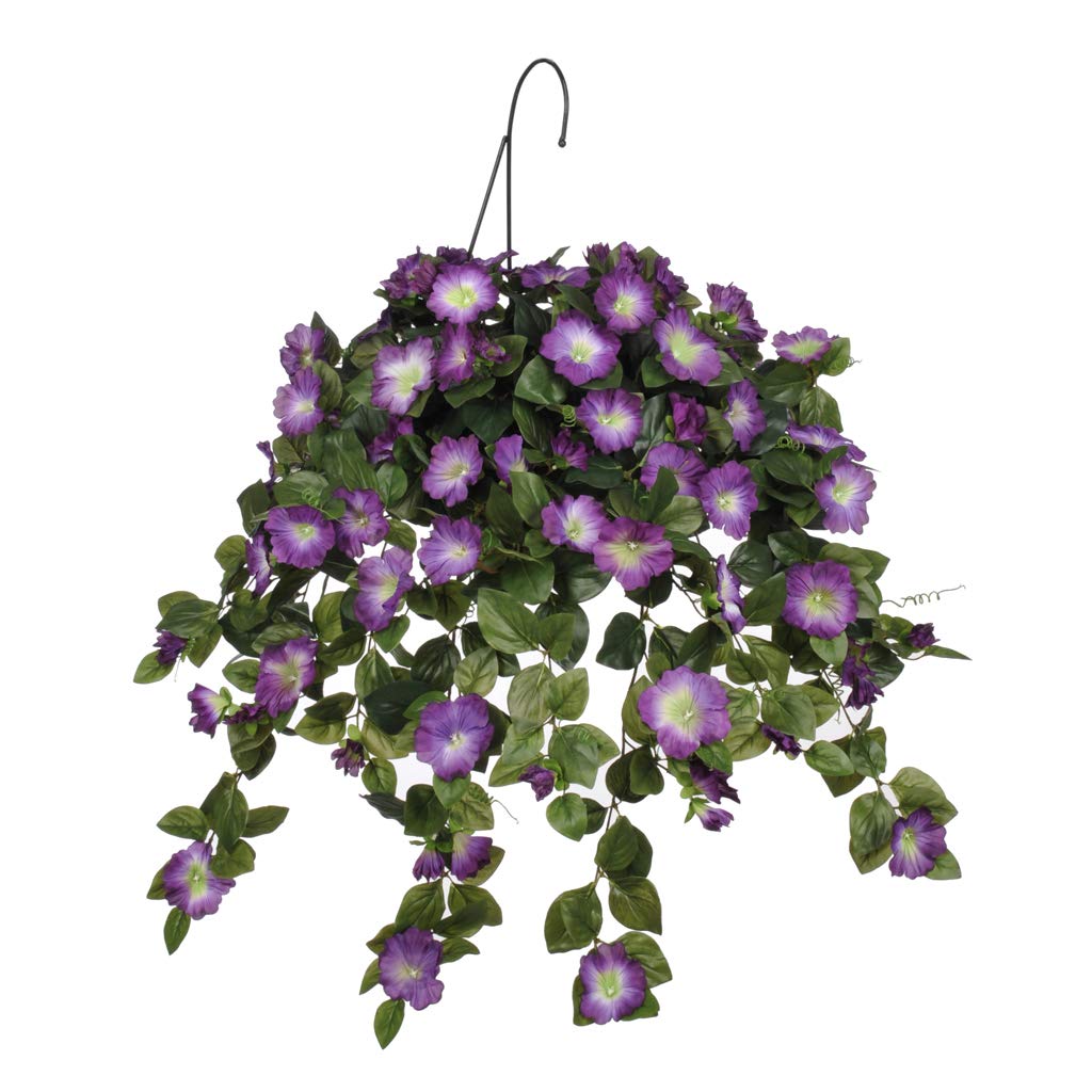 House of Silk Flowers Artificial Violet Petunia in White Water Hyacinth Hanging Basket - Perfect for Indoor & Outdoor Home Decor