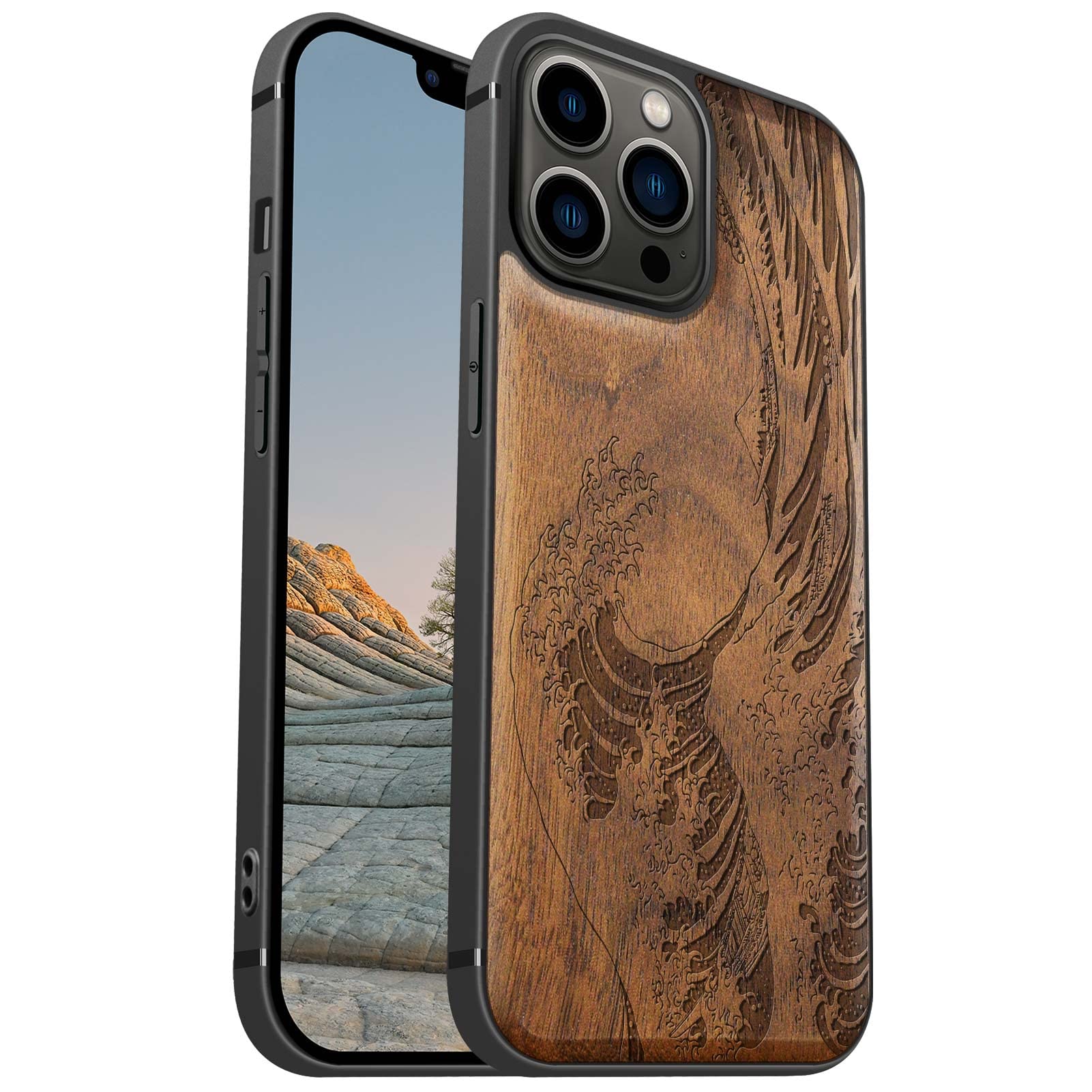 Magnetic Wooden Case for iPhone 13 Pro Max - Natural Walnut Wood & Shockproof TPU Bumper - Compatible with MagSafe (The Great Wave Off Kanagawa Design) - Perfect for Outdoor Adventures & Business Meetings