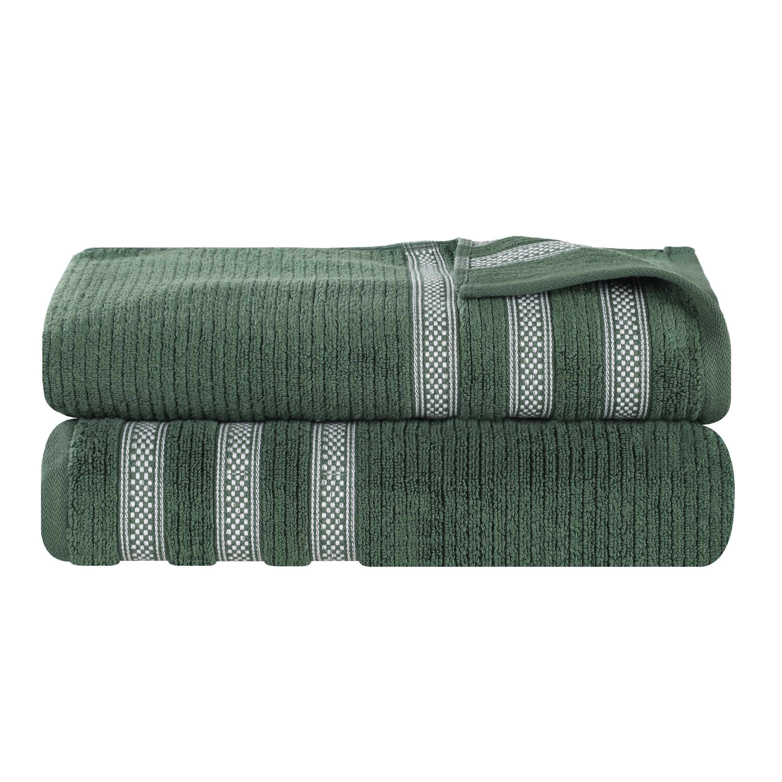 Soft Zero Twist Cotton Ribbed Geometric Border Plush Bath Towel Set of 2 - Ultra Absorbent Luxury Bath Sheets for Spa, Hotel & Home Use