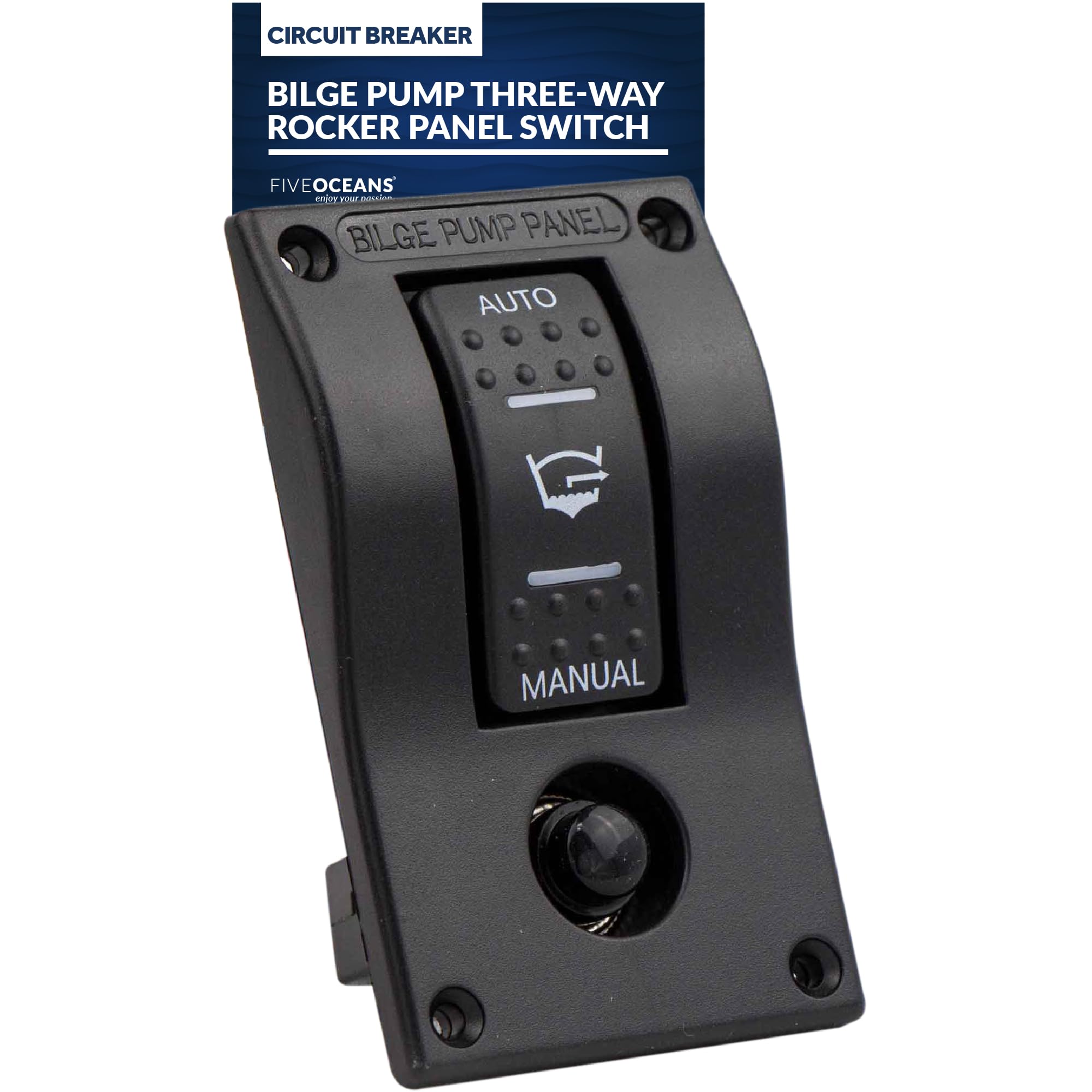 Five Oceans 3-Way Rocker Bilge Pump Switch 12V with LED Light Indicator & Circuit Breaker - FO3851 | Manual/Automatic Bilge Pump Control Panel Switch for Boats, Yachts & Marine Applications