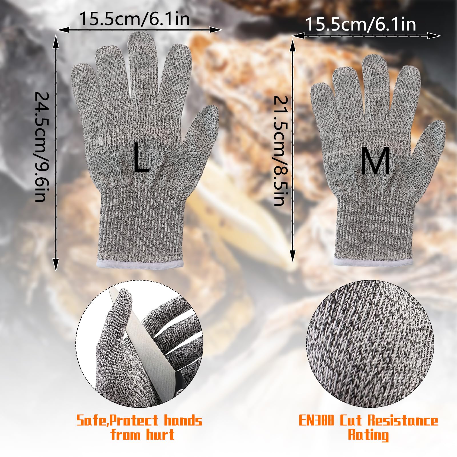 6pcs Oyster Shucking Knife & Gloves Set - 2 Stainless Steel Oyster Knives with Wooden Handle & 4 Cut Resistant Gloves (Level 5 Protection) - Professional Shellfish Shucking Tools for Oysters, Clams, Mussels - Perfect for Home Kitchens, Seafood Restaurants & Outdoor Cooking