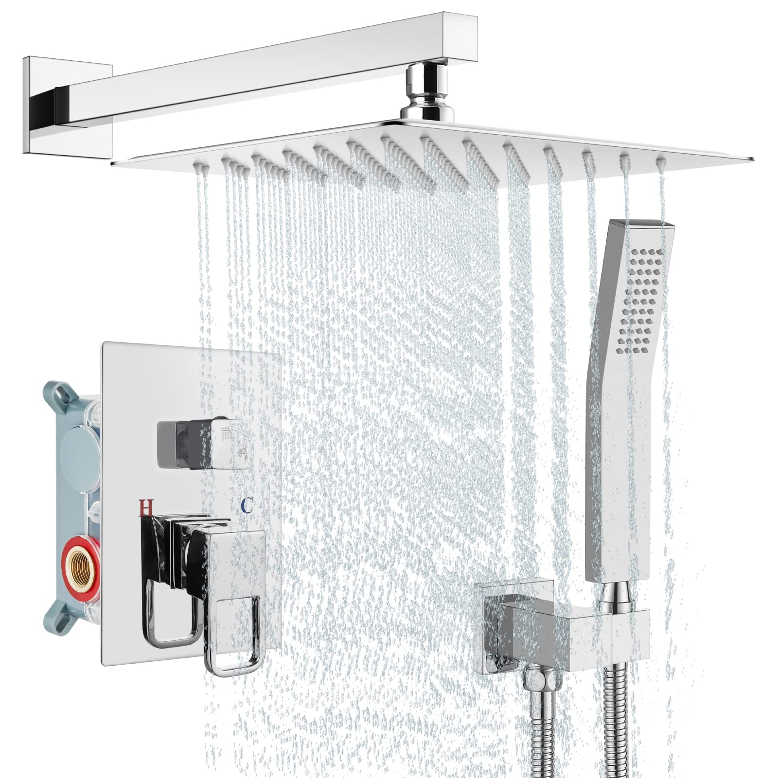 Gotonovo 12-Inch Rainfall Shower Head Set with Handheld Spray - Chrome Finish, Wall Mount, Dual Function Mixer Valve & Trim Kit | Modern Bathroom Fixture for Spa-Like Shower Experience