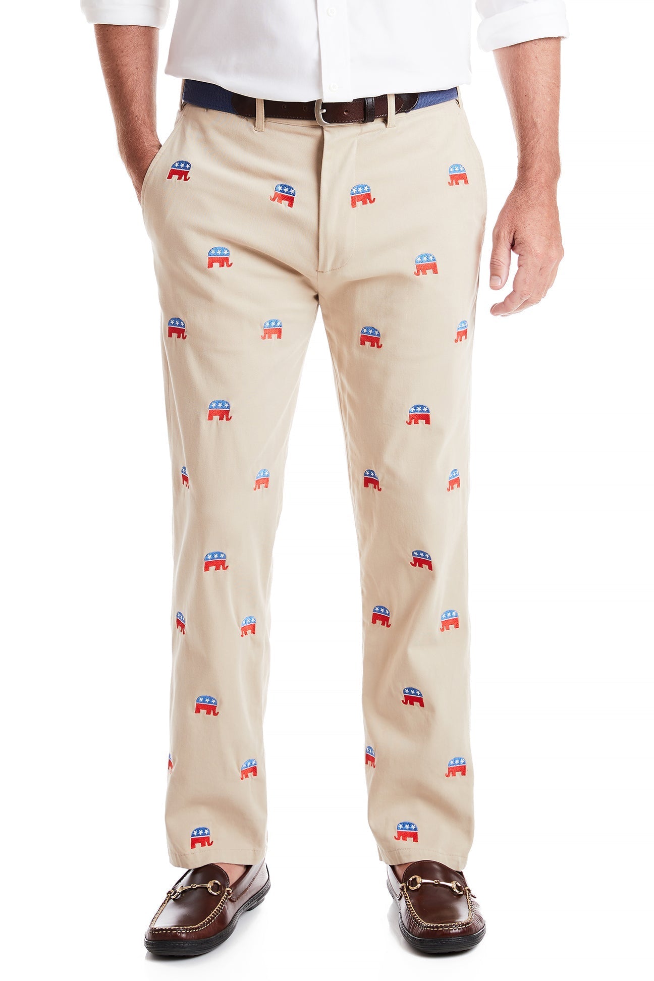 Stretch Twill Khaki Harbor Pants with GOP Elephant Design - Comfortable Casual Wear for Everyday Use & Political Events