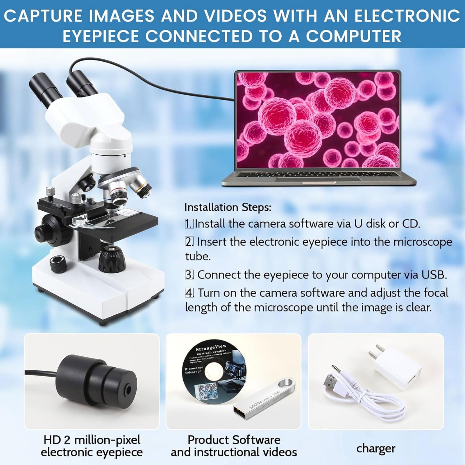 40X-2000X Compound Binocular Microscope with 2.0MP Camera & 30 Prepared Slides - Professional Biological Microscope for Kids, Students & Adults | Includes Phone Adapter & Accessories | Perfect for Classroom Learning, Lab Research & Home Science Experiments