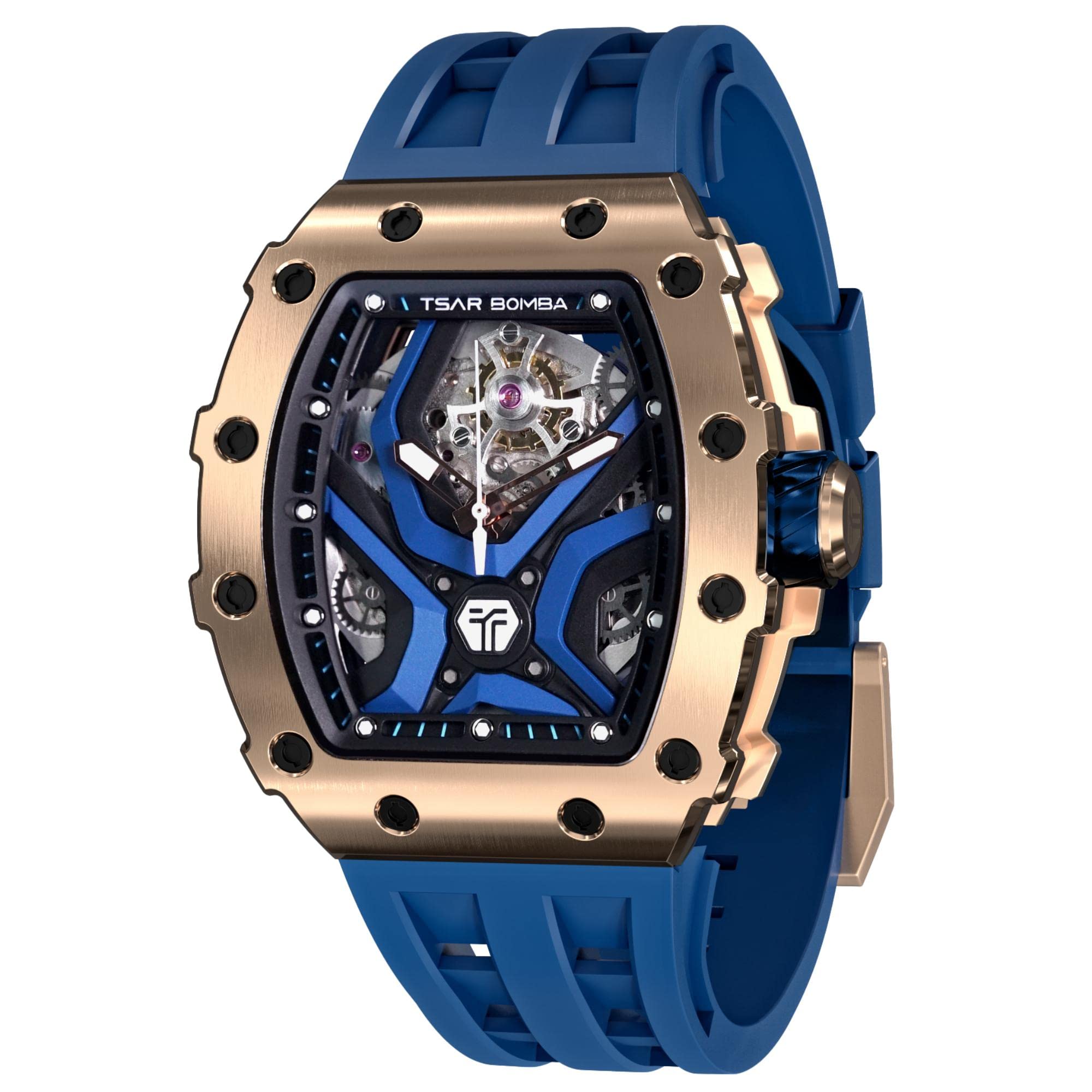 TSAR BOMBA Men's Automatic Watch - 50M Waterproof Luxury Skeleton Mechanical Watch with Silicone Band, Black Tonneau Design - Perfect for Business, Casual Wear & Christmas Gifts for Men