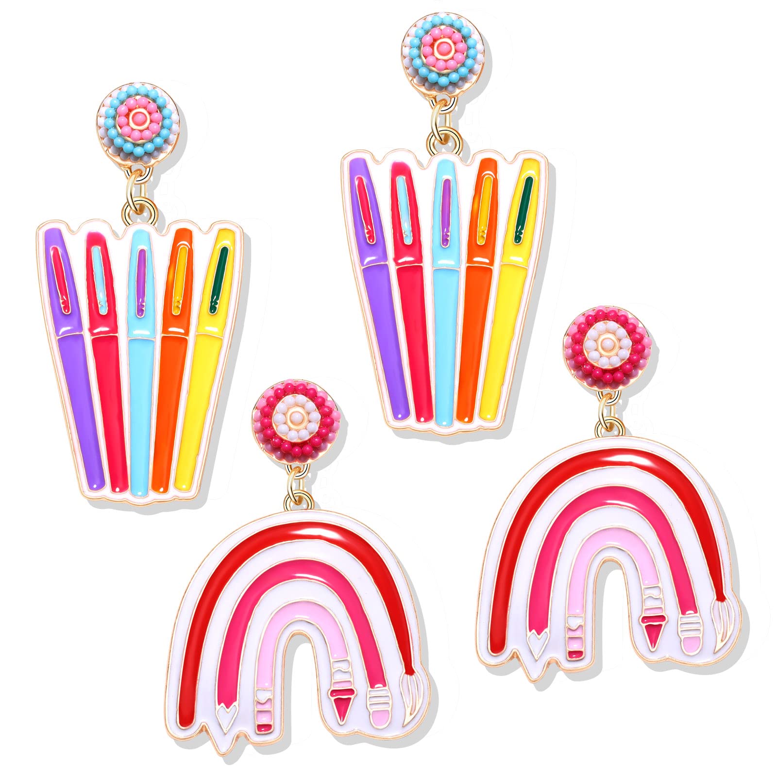 2 Pairs Colorful Beaded Pencil Dangle Drop Earrings for Women - Teacher Appreciation Gifts, Back to School Jewelry Set - Perfect for Classroom, Teacher's Day, School Events & Everyday Wear