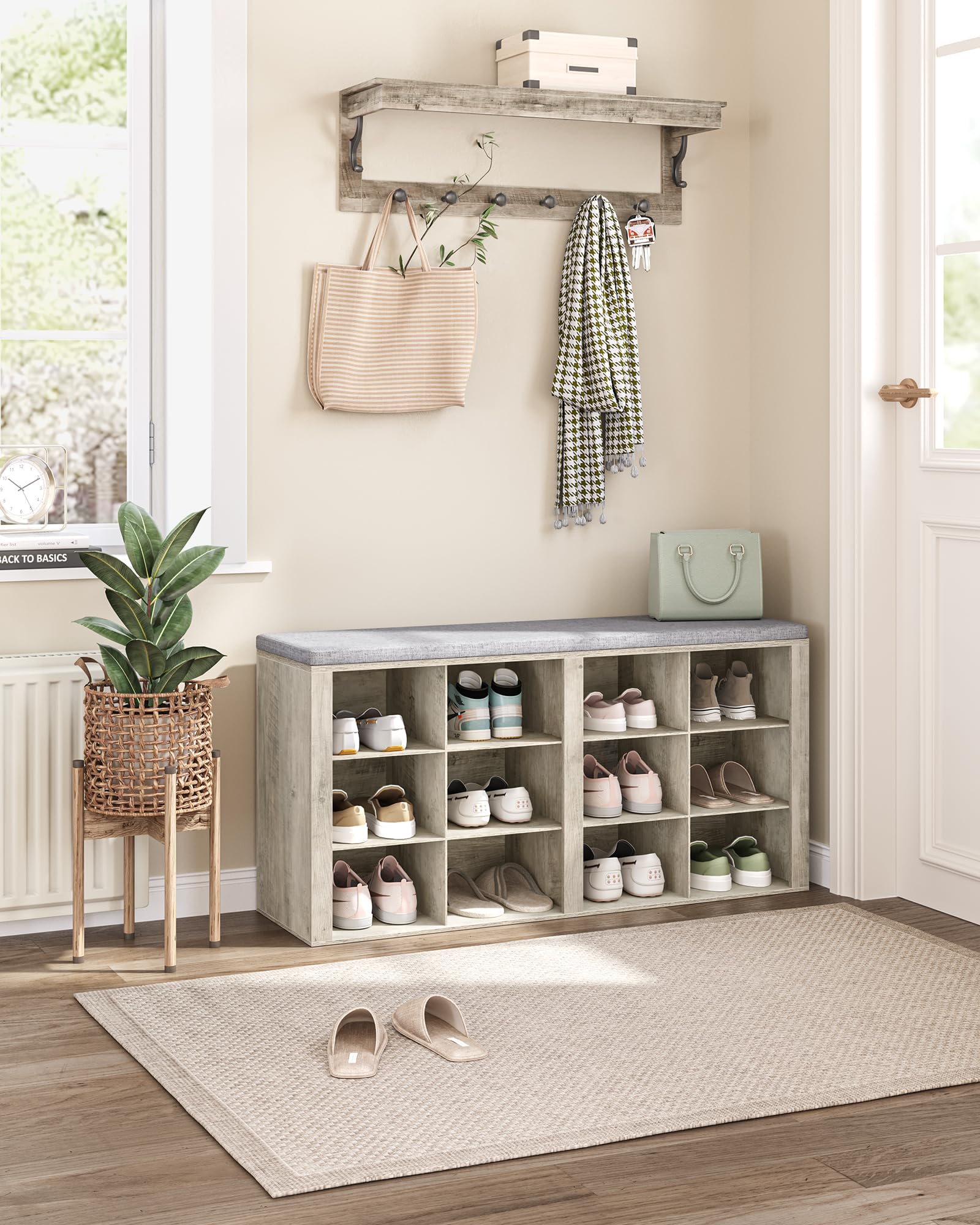 Shoe Bench with Cushion - 12-Cubby Entryway Storage Bench with Adjustable Shelves | Shoe Organizer Cabinet for Living Room, Bedroom & Hallway | Perfect for Small Space Organization & Entryway Seating (Greige SB19005GY)