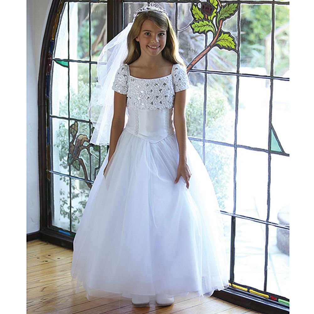 Girls First Holy Communion Dress - 18 White Sequin Ribbon Tulle Gown for Church Ceremony | Perfect for Baptism, Easter Sunday & Special Occasions