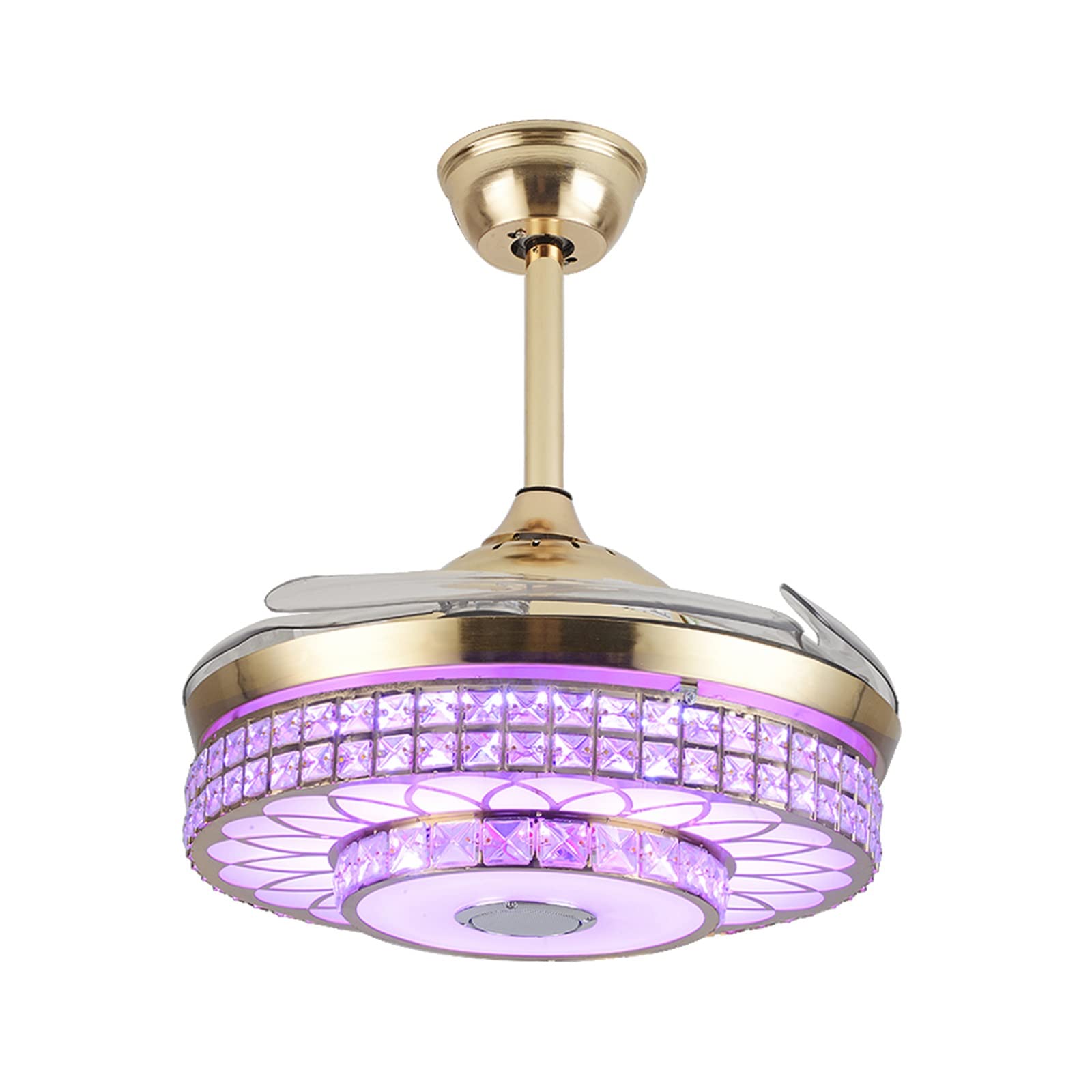 TFCFL 42 Inch Smart Bluetooth Ceiling Fan with Crystal Chandelier Light, Built-in Speaker for Music, 7 Color LED Lighting, Retractable Blades, 3 Speed Settings - Perfect for Bedroom, Dining Room & Living Room (Gold)