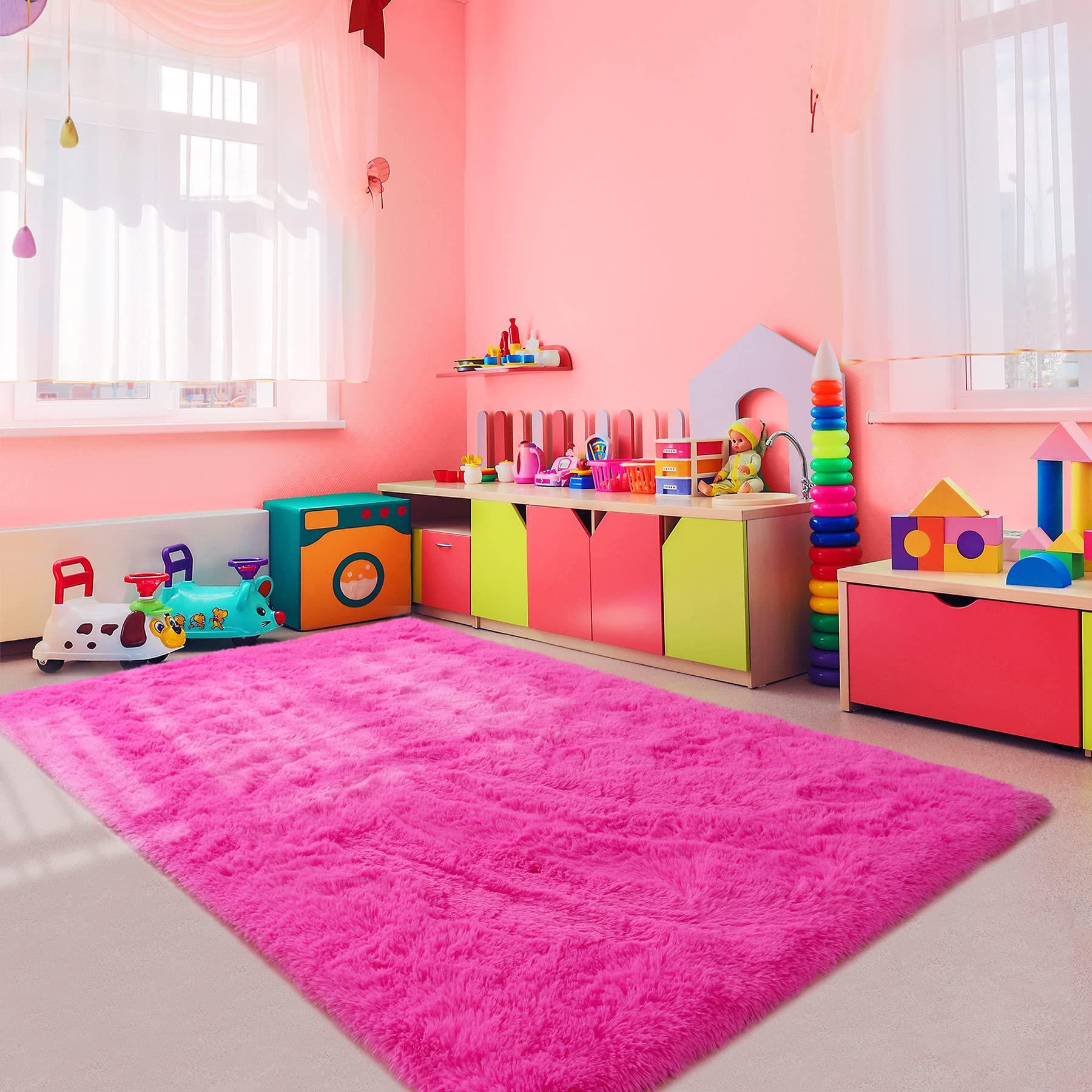 Noah's Fluffy Plush Fuzzy Rug for Kids Room, Living Room, Nursery - Soft Shaggy Furry Carpet for Modern Indoor Decor - Cute Boys & Girls Bedroom Rug (3x5 Feet, Hot Pink) - Perfect for Playrooms, Dorm Rooms & Cozy Spaces