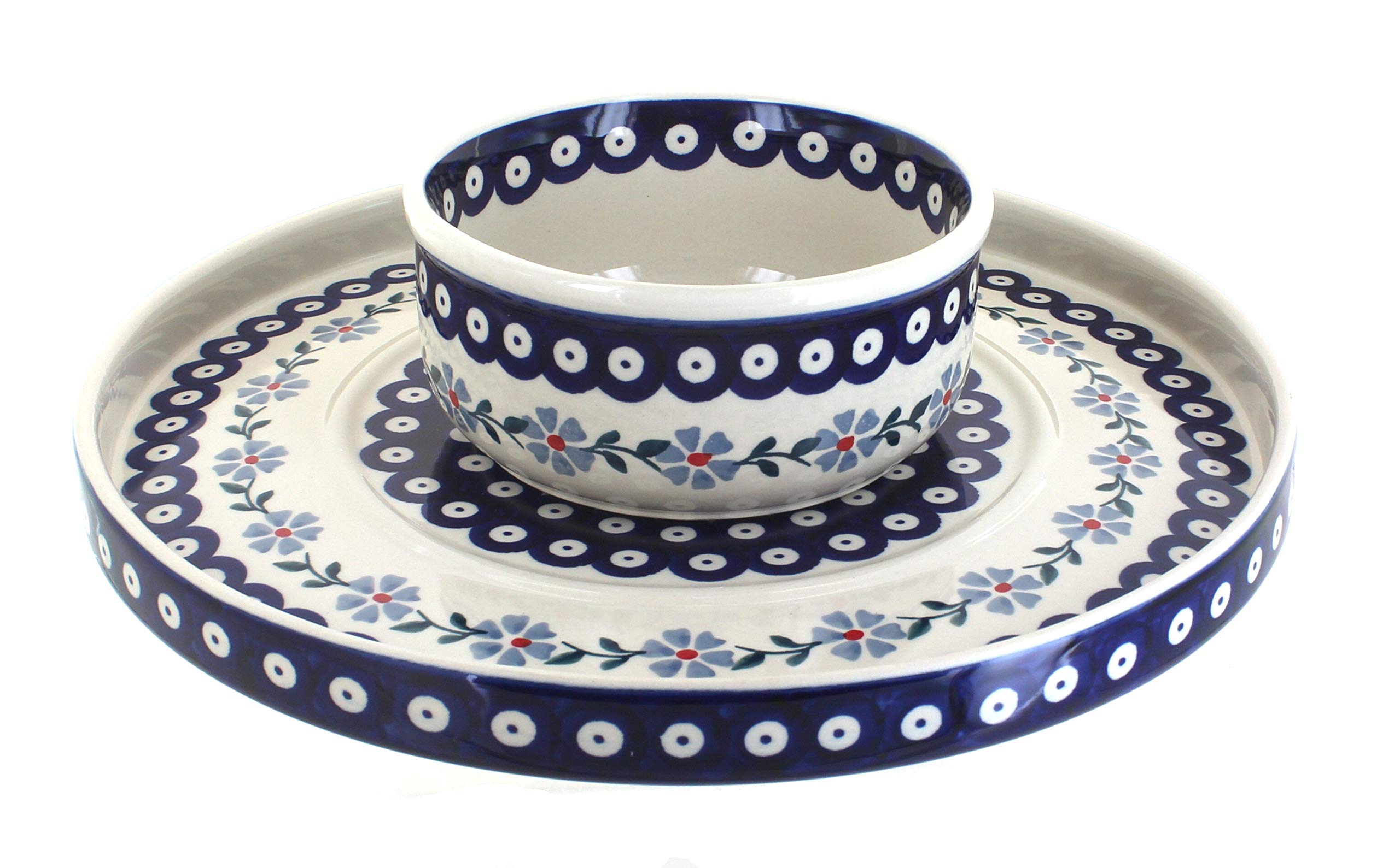 Handmade Blue Rose Polish Pottery Dual Serving Dish - Elegant Blue Violet Ceramic Appetizer Plate for Entertaining, Weddings & Home Decor