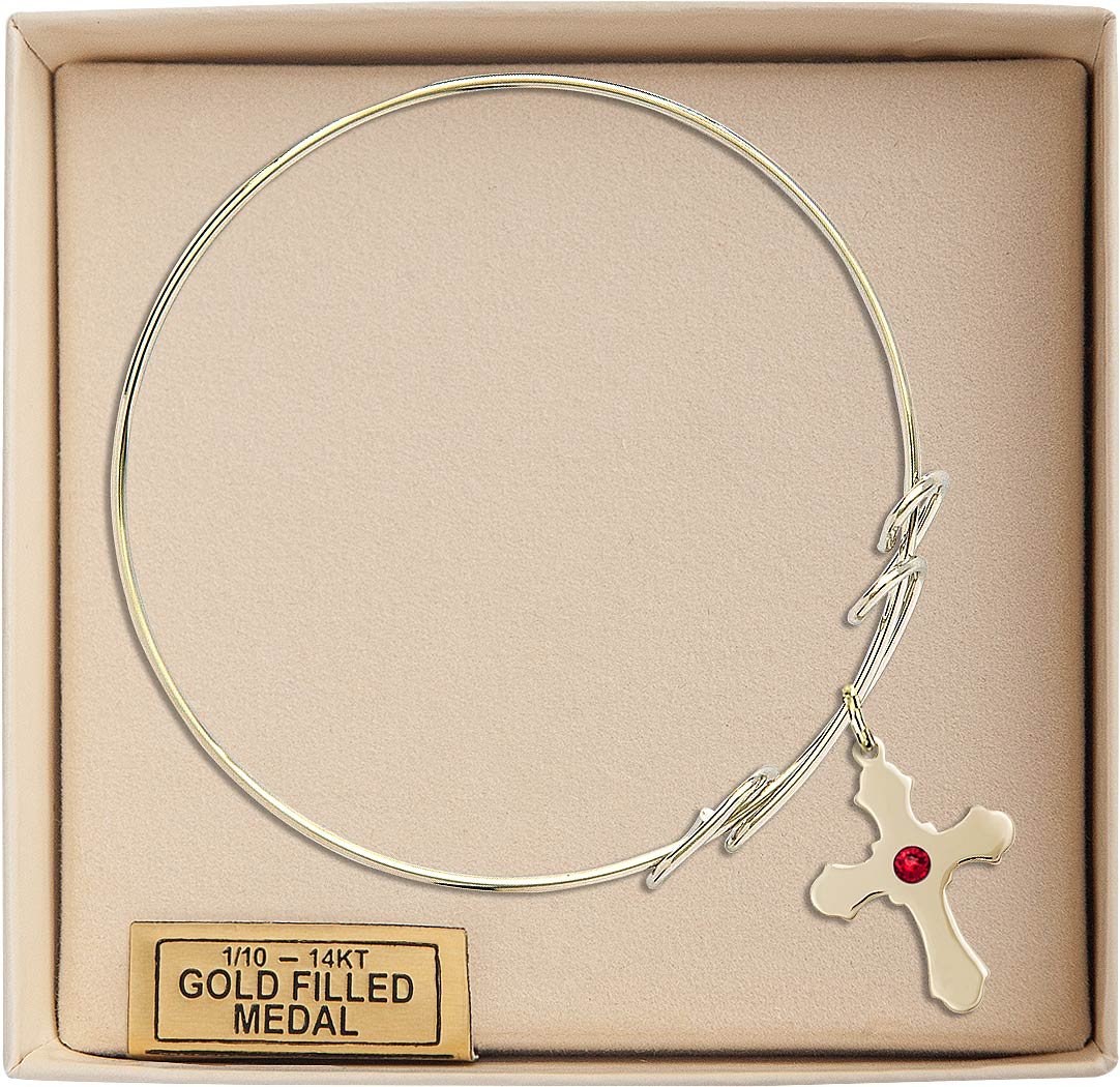 8 Inch Round Double Loop Bangle Bracelet with Cross Medal Charm & July Red Crystal - Elegant Jewelry for Women, Perfect for Parties, Weddings & Everyday Wear