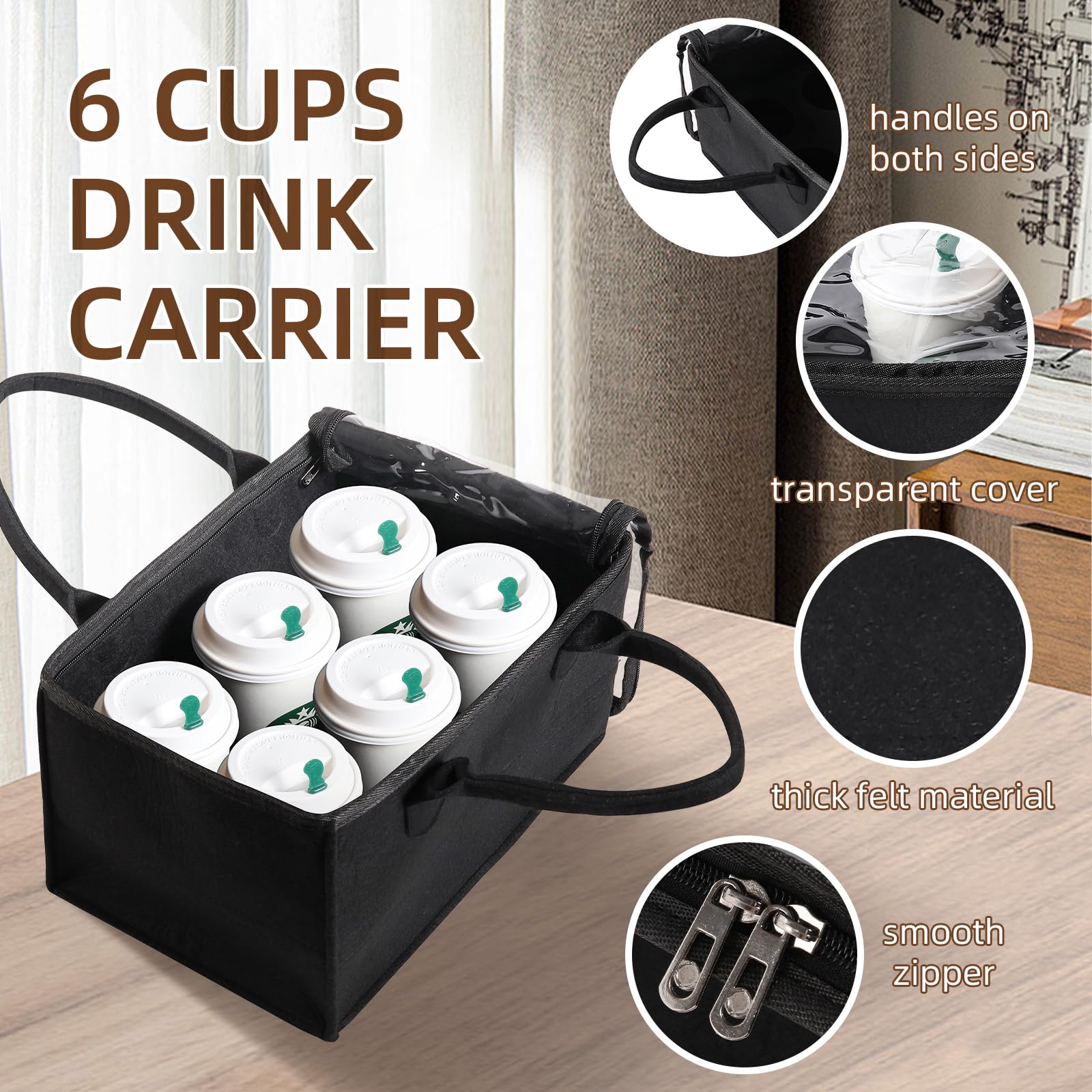 Portable 6-Cup Drink Carrier with Handle - Sturdy Black Beverage Holder for Coffee, Soda & Smoothies - Perfect for Parties, Picnics & Office Use