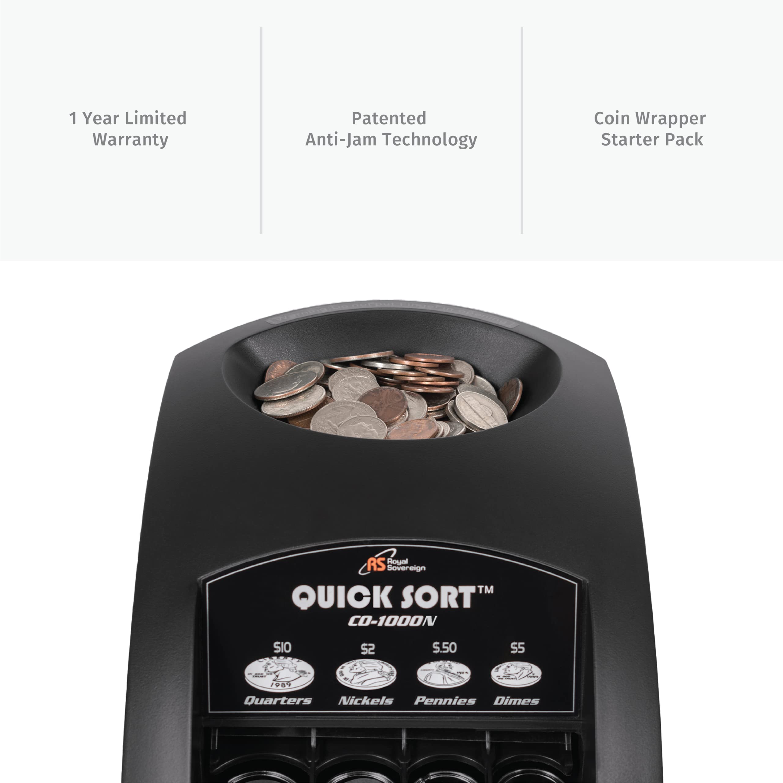 Royal Sovereign CO-1000N Coin Sorter Machine with Anti-Jam Technology & Coin Wrappers - Fast Cash Counting for Banks, Retail Stores & Home Use