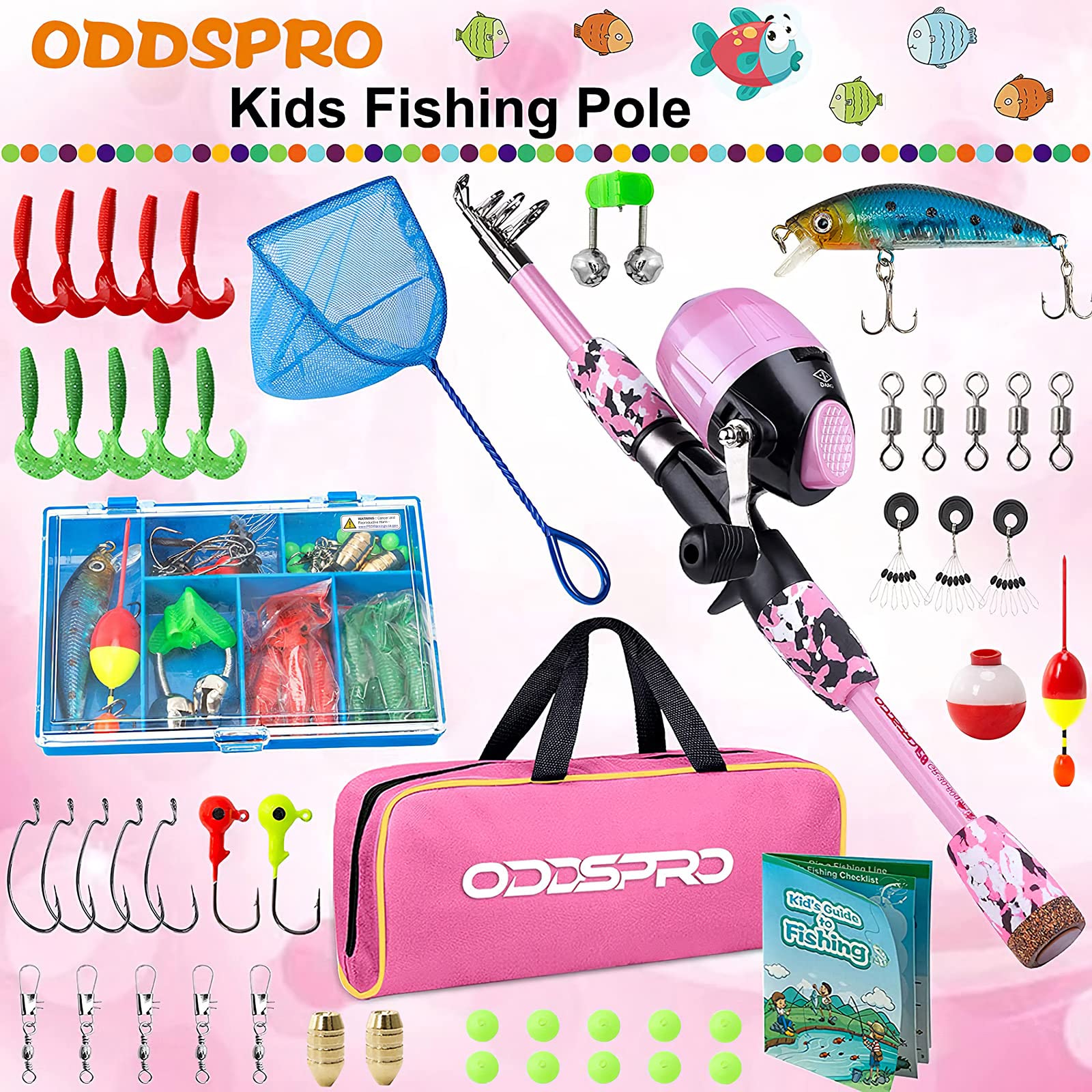 ODDSPRO Pink Kids Fishing Pole - Telescopic Fishing Rod & Reel Combo Kit with Tackle Box for Girls & Youth | Portable Outdoor Fishing Gear for Beginners, Camping, Beach & Backyard Fun