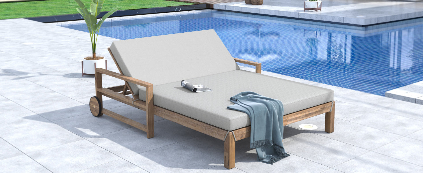 Farmhouse Style Wooden Outdoor Sunbed - 2 Person Daybed for Poolside, Garden & Backyard Relaxation | Weather-Resistant Grey Patio Furniture for Lounging, Sunbathing & Outdoor Entertaining