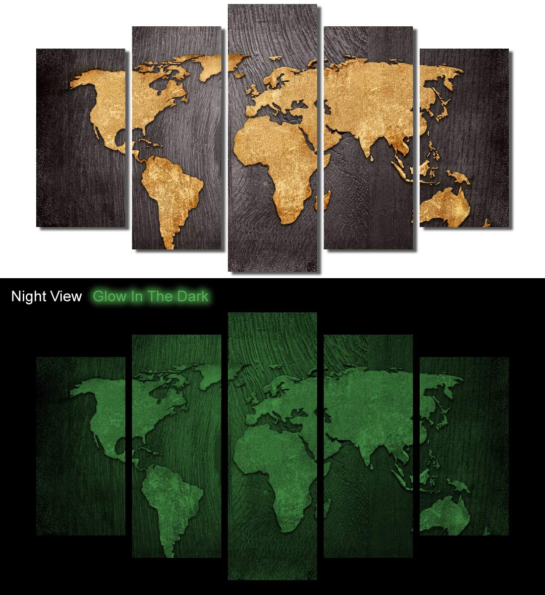 Picture Sensations® Framed Glow in the Dark Canvas Art Print - Wood Texture World Travel Map Wall Decor - Ready to Hang 5-Panel Painting (60