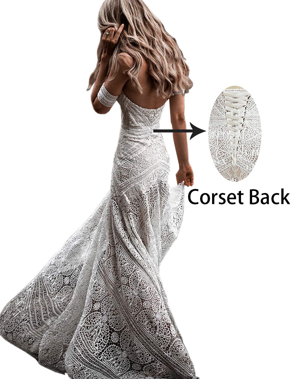LIPOSA Women's Bohemian Wedding Dress with Detachable Arm Bands - Sweetheart Neckline Mermaid Lace Bridal Gown for Beach, Garden & Outdoor Ceremonies