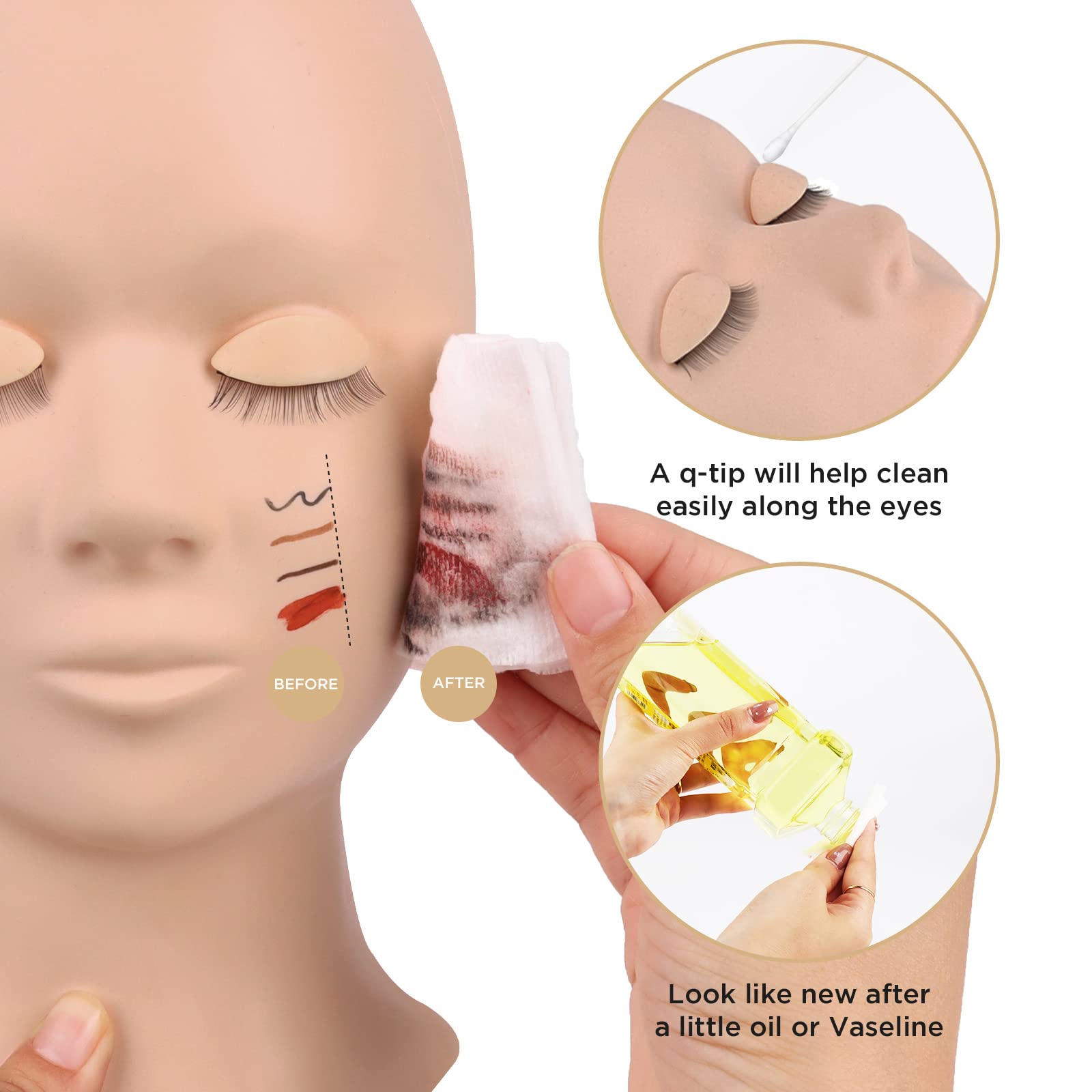 LASHVIEW Eyelash Extension Practice Mannequin Head with 4 Replaceable Eyelids - Soft Touch Rubber Makeup Training Head for Professional Lash Artists & Beginners - Perfect for Salon Practice, Home Training & Beauty School Use (White)