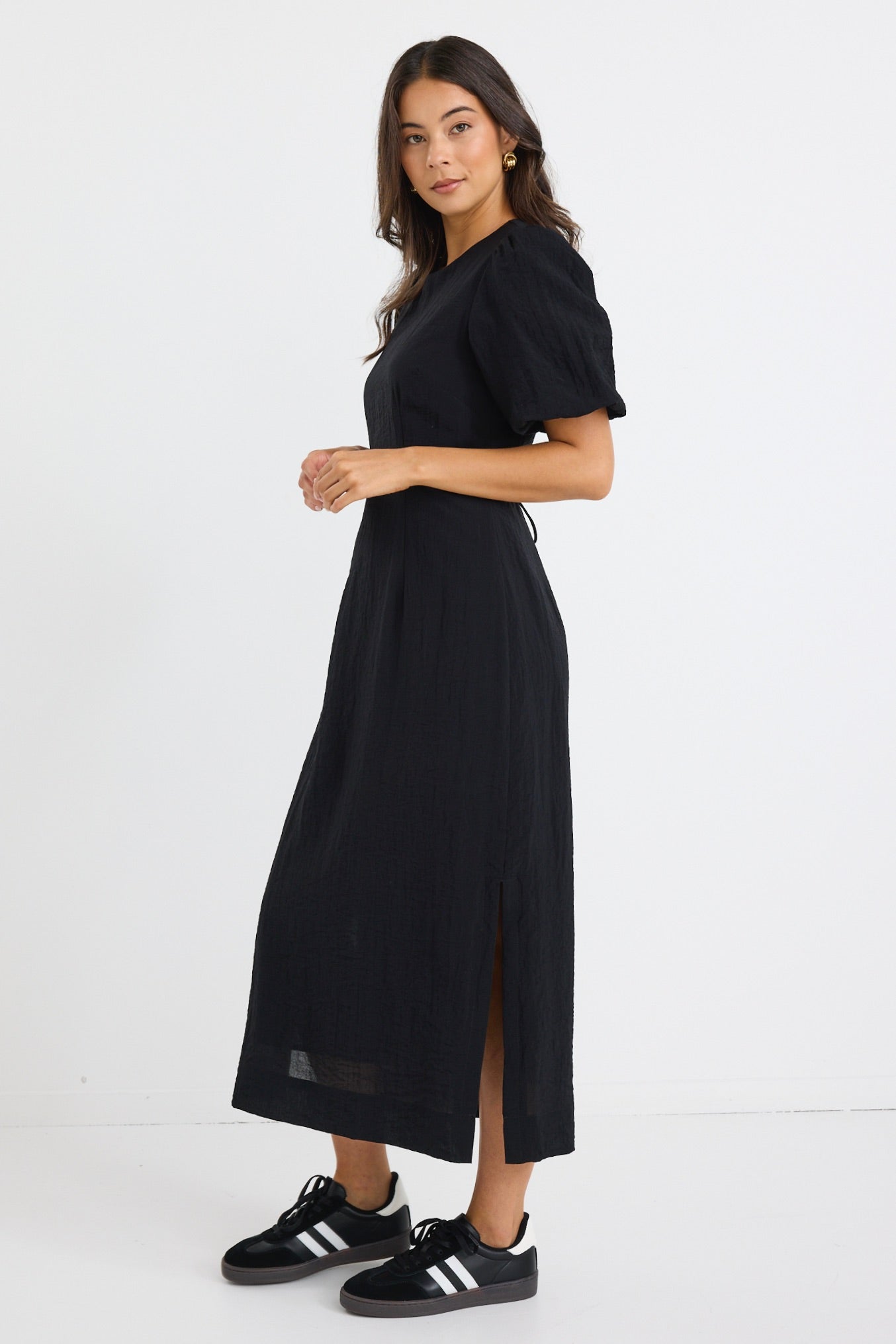 Elder Black Short Puff Sleeve Tie Midi Dress for Women - Elegant Party & Cocktail Attire - Perfect for Weddings, Date Nights & Special Occasions