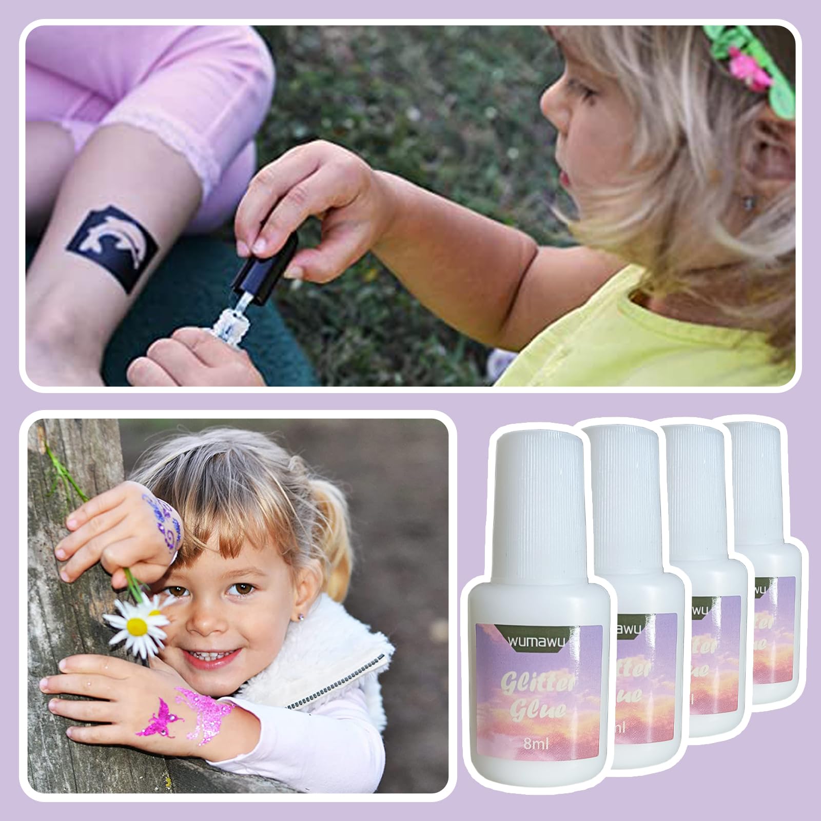 Wumawu Temporary Tattoo Glue - 8ml Water Soluble Glitter Adhesive with Brush Bottle for Body Art | Perfect for Halloween, Cosplay, Face Painting & Costume Events | Safe for Skin, Easy Wash Off (4 Pack)