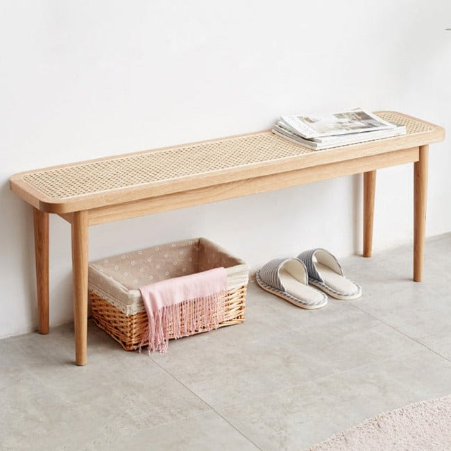 Solid Oak Wood Rattan Bench - Rustic Entryway, Patio, or Garden Seating - Handwoven Wicker Design for Indoor and Outdoor Use