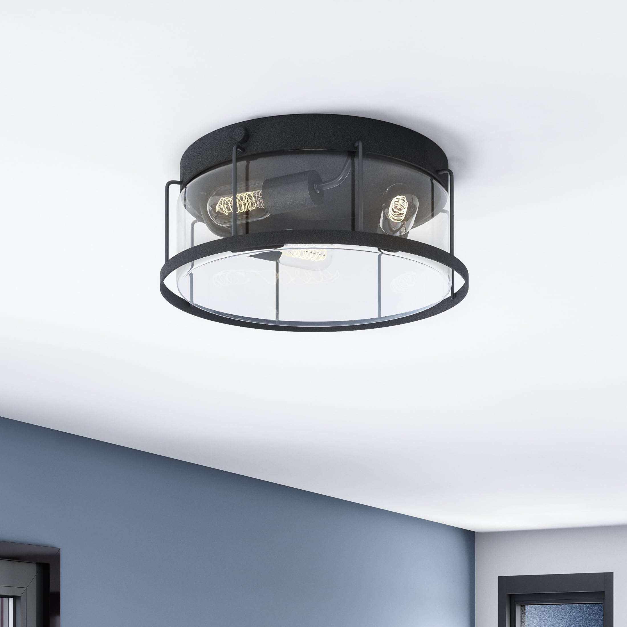 Quoizel Ludlow 3-Light Modern Flush Mount Ceiling Fixture - Earth Black Finish with Clear Beveled Glass Shade - Elegant Lighting for Foyer, Hallway & Living Room - Perfect for Home, Office & Restaurant Decor