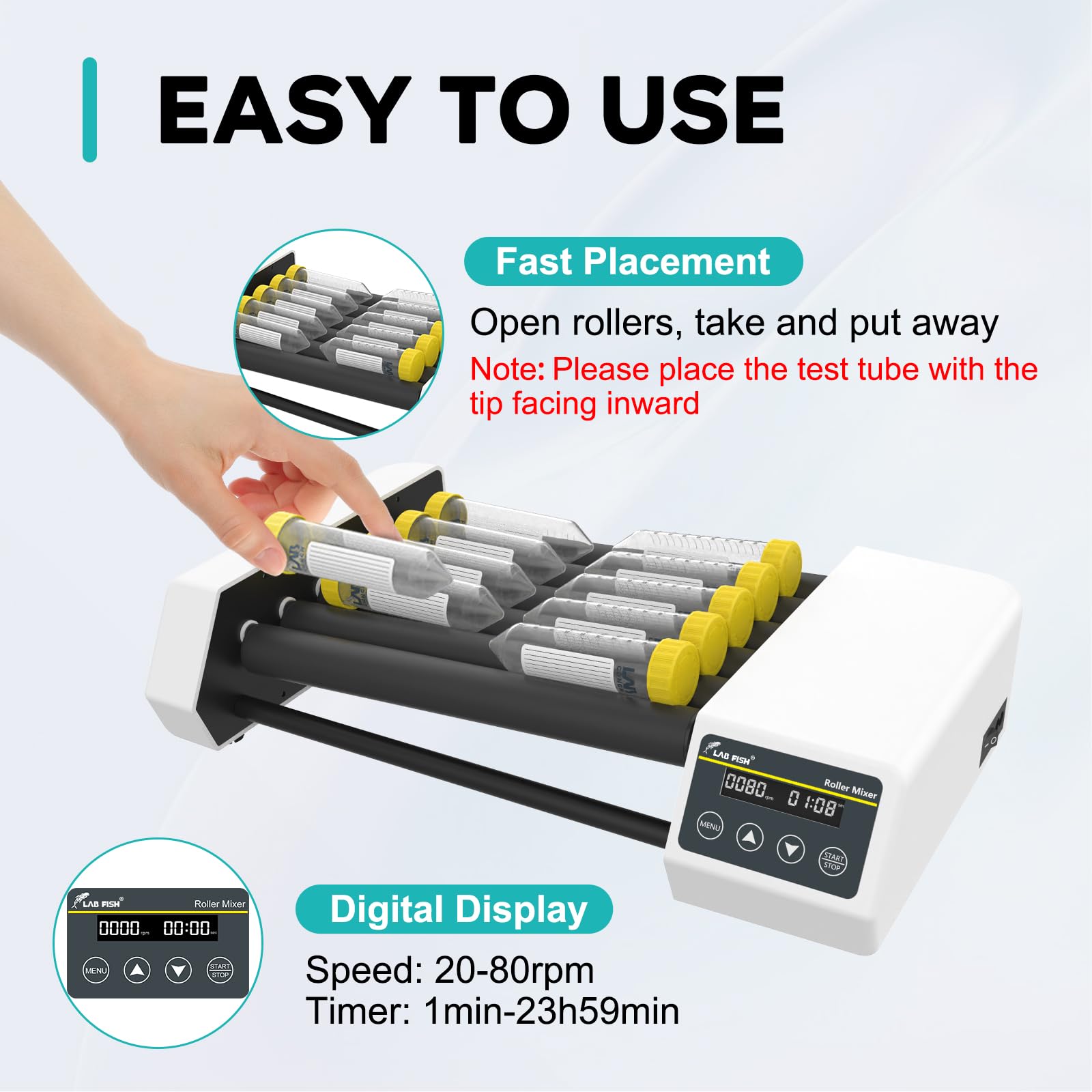 LAB FISH Digital Tube Roller Mixer - Adjustable Speed 20-80RPM, 6 X 11