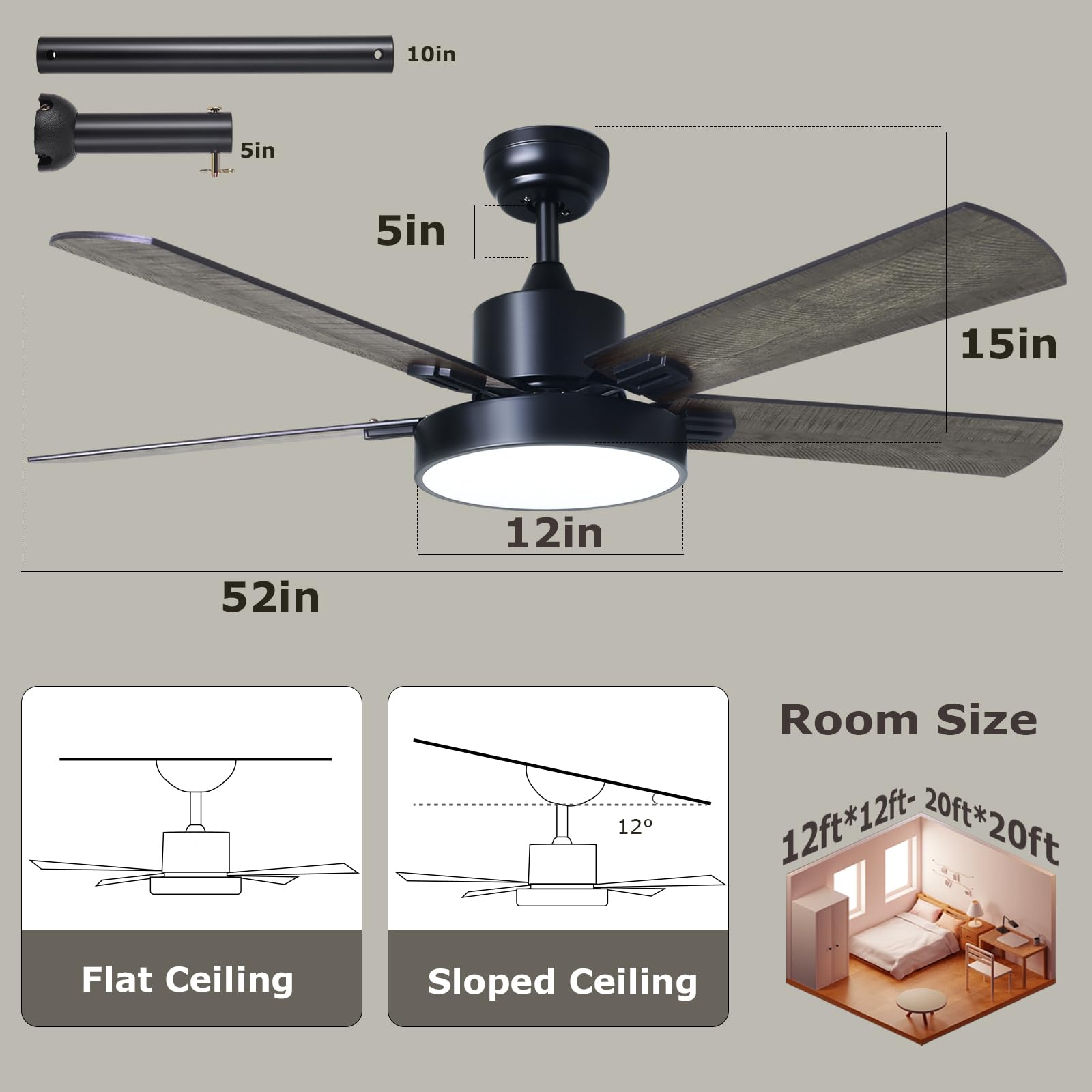 52 Inch Modern Ceiling Fan with Lights & Remote Control - Double-sided Blades, 24db DC Reversible Motor, Dimmable for Bedroom & Living Room (Honey Pine & Black) - Perfect for Home Cooling & Stylish Decor