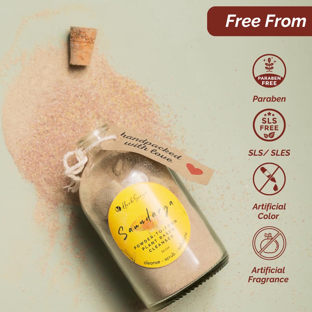 Herbsense Saundarya Ayurvedic Powder to Foam Face Wash - 3-in-1 Cleanser, Scrub & Exfoliator | Plant-Based, Preservative-Free & Chemical-Free | 50g | Perfect for Daily Skincare & Deep Cleansing Routine