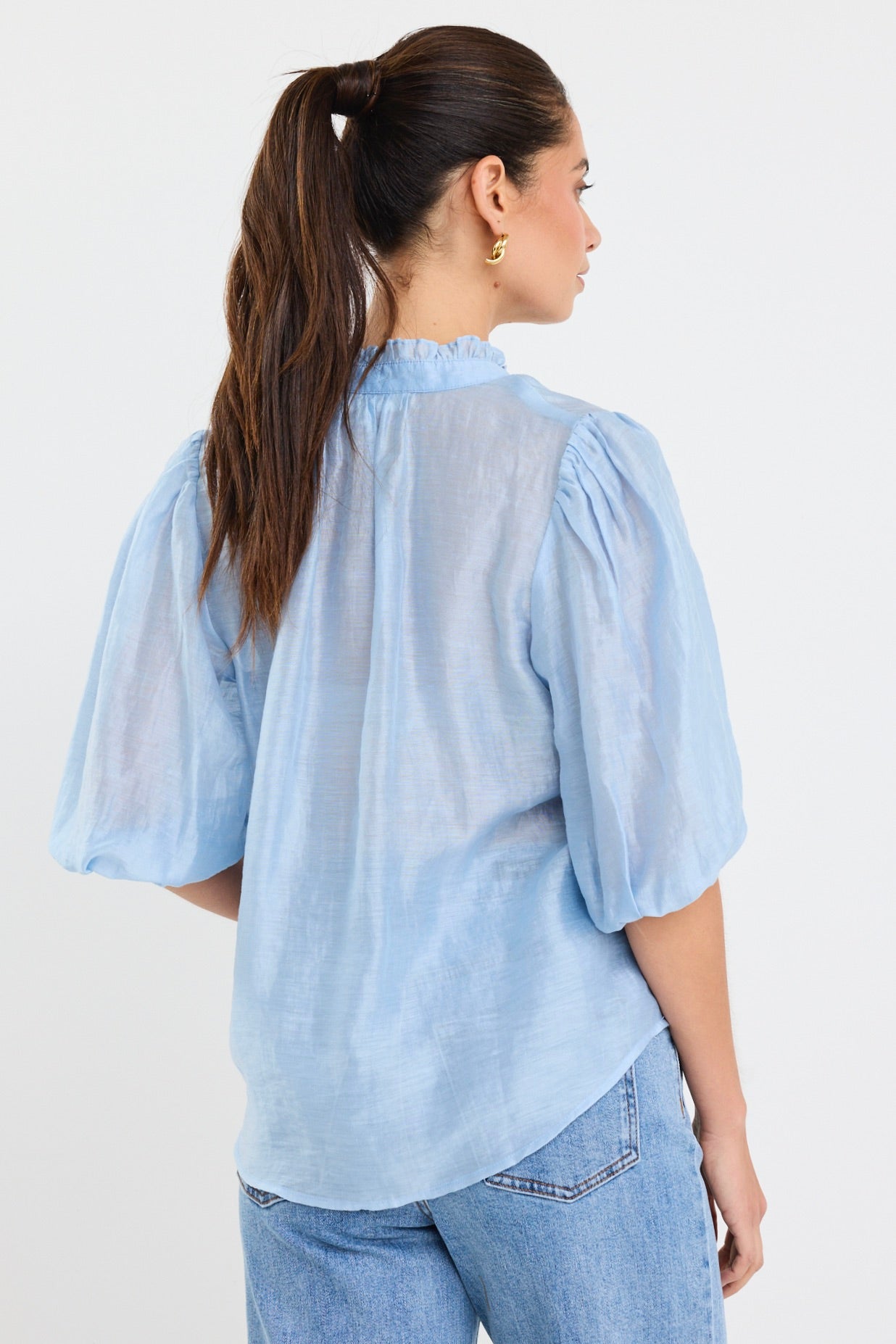 Pale Blue Sheer High Neck Button-Up Short Sleeve Blouse for Women | Elegant Office Wear & Summer Casual Outfits