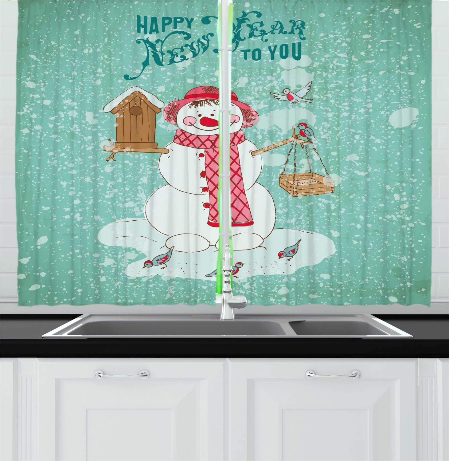 Ambesonne Snowman Long Kitchen Curtains - Happy New Year Celebration with Smiling Snowman Characters - 2 Panel Rod Pocket Drapes for Holiday Home Decor - 55